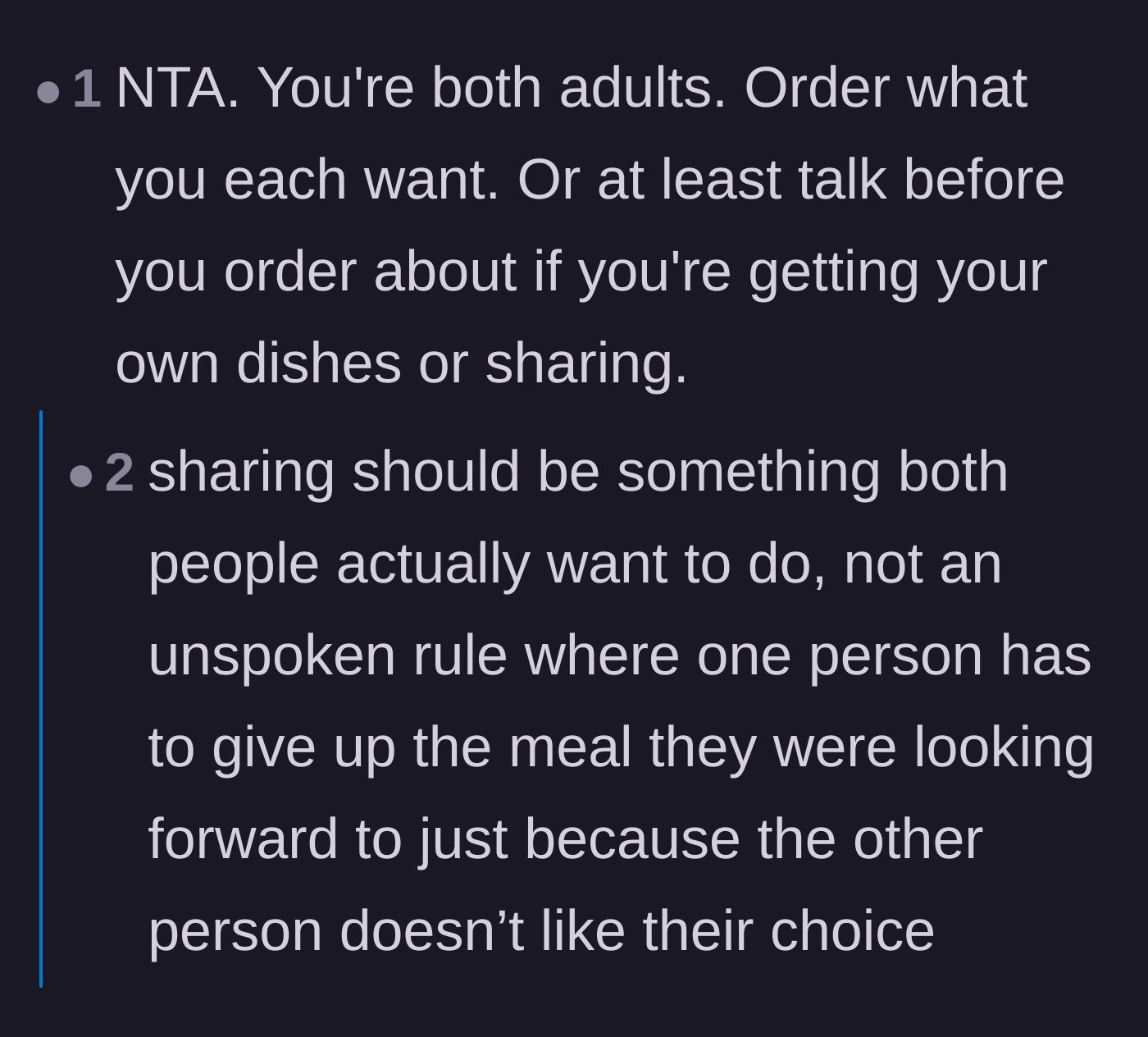 Comment thread 6 - A firm reminder that two grown adults should be fully capable of ordering and eating their own preferred meals.