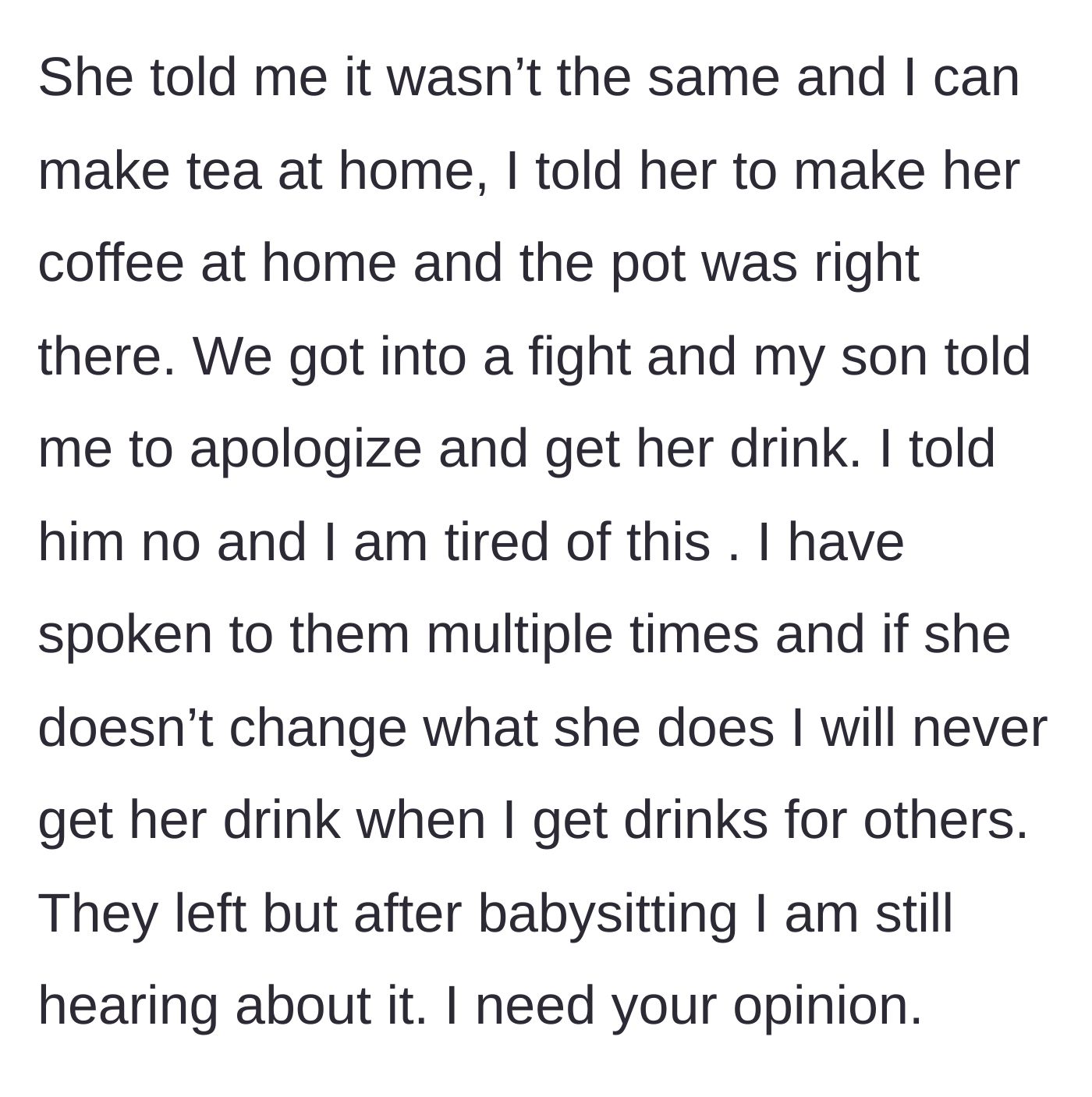 Story part 5 - A fight breaks out, the daughter-in-law is furious about being excluded, and the son demands his mother apologize.