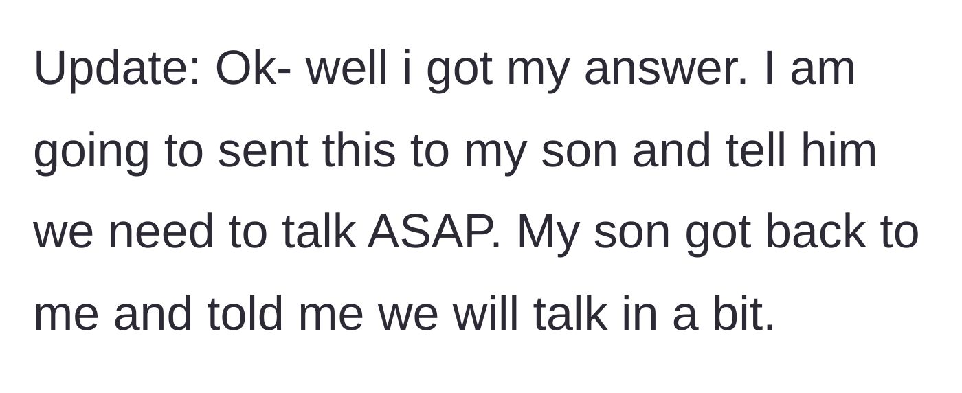 Story part 6 - The mother-in-law updates that she sent the public reactions to her son and they are planning to talk soon.