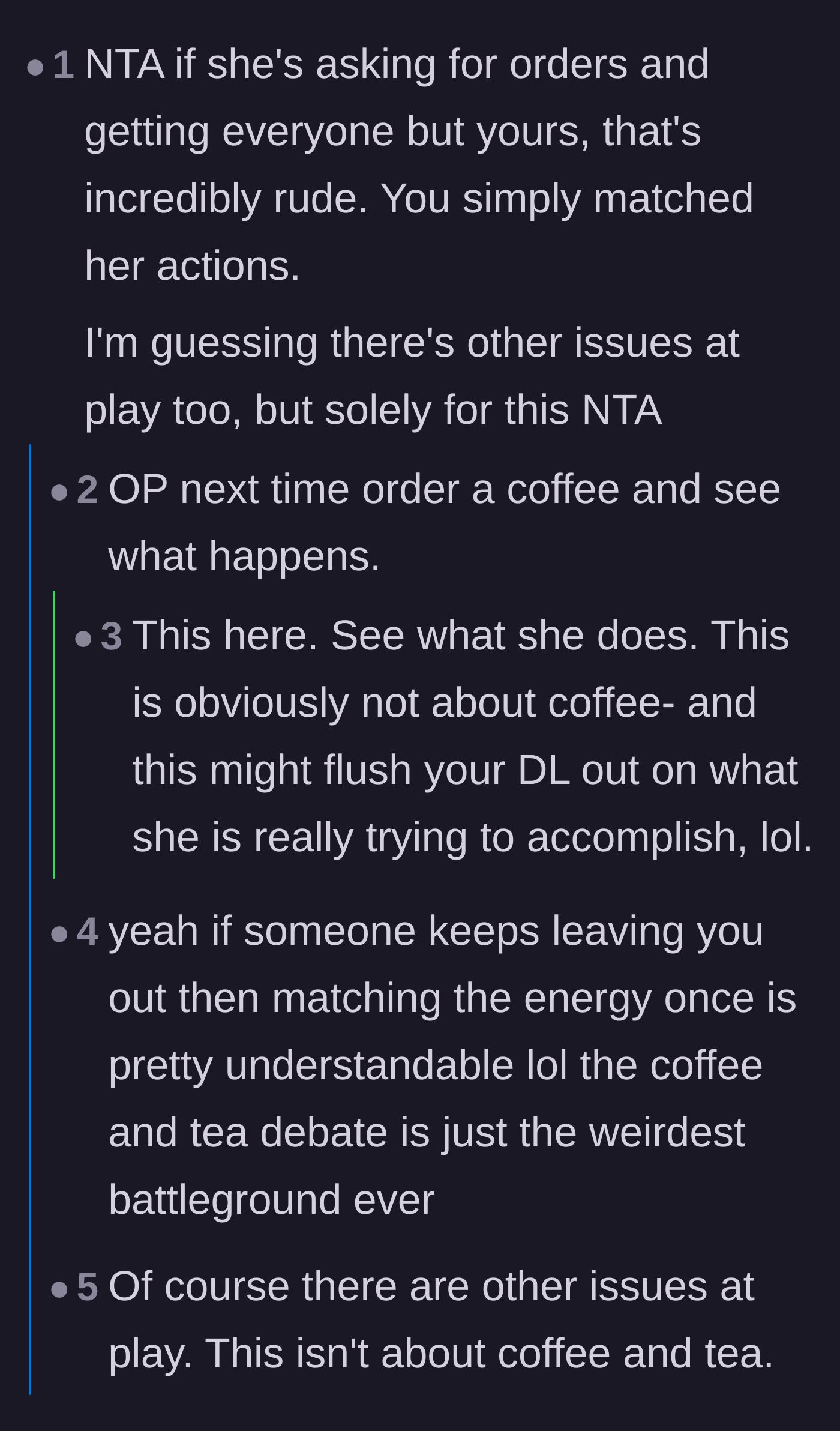 Comment thread 1 - Readers dissecting the daughter-in-law's coffee-run habits and debating whether trying the same order would finally expose her motives.