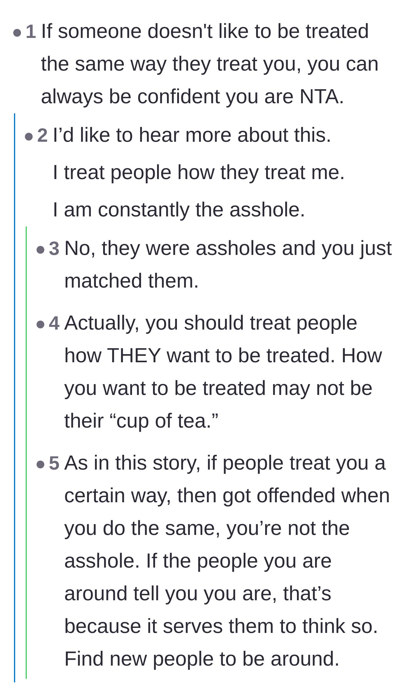 Comment thread 2 - A philosophical debate on whether matching someone's toxic energy makes you an asshole or just a survivor of bad behavior.