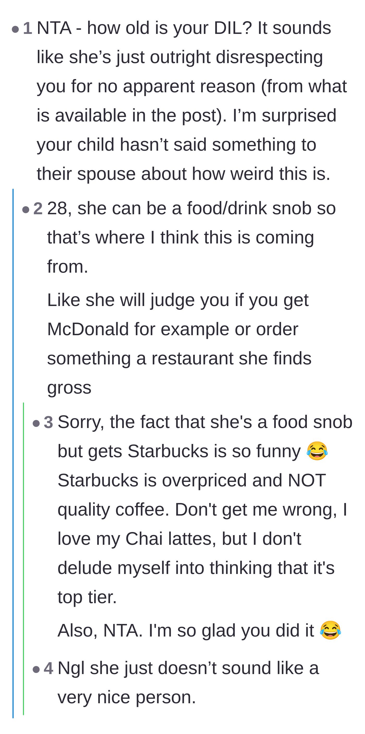 Comment thread 3 - A deep dive into the daughter-in-law's food-snob attitude and the irony of acting elite over Starbucks.