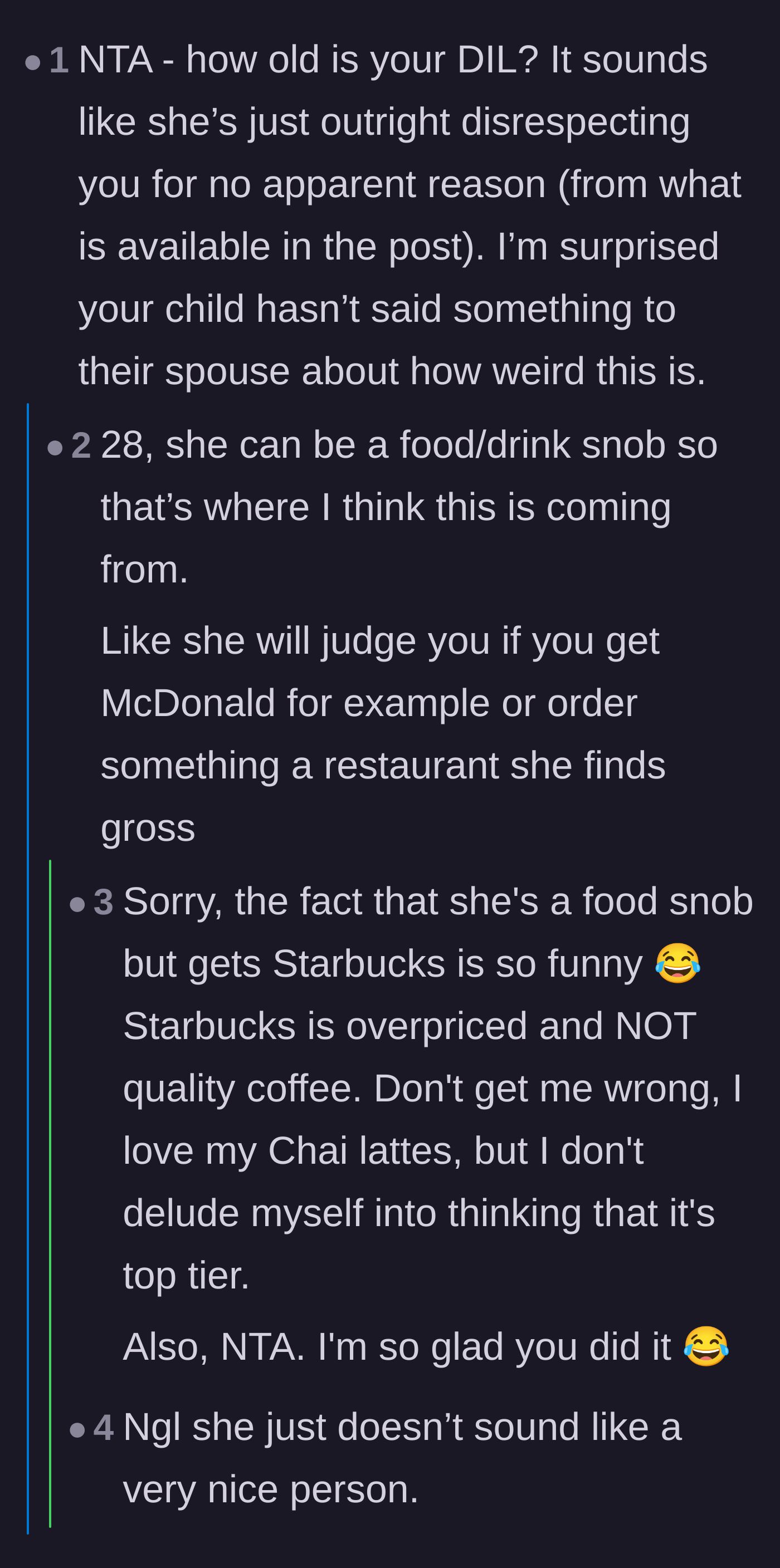 Comment thread 3 - A deep dive into the daughter-in-law's food-snob attitude and the irony of acting elite over Starbucks.