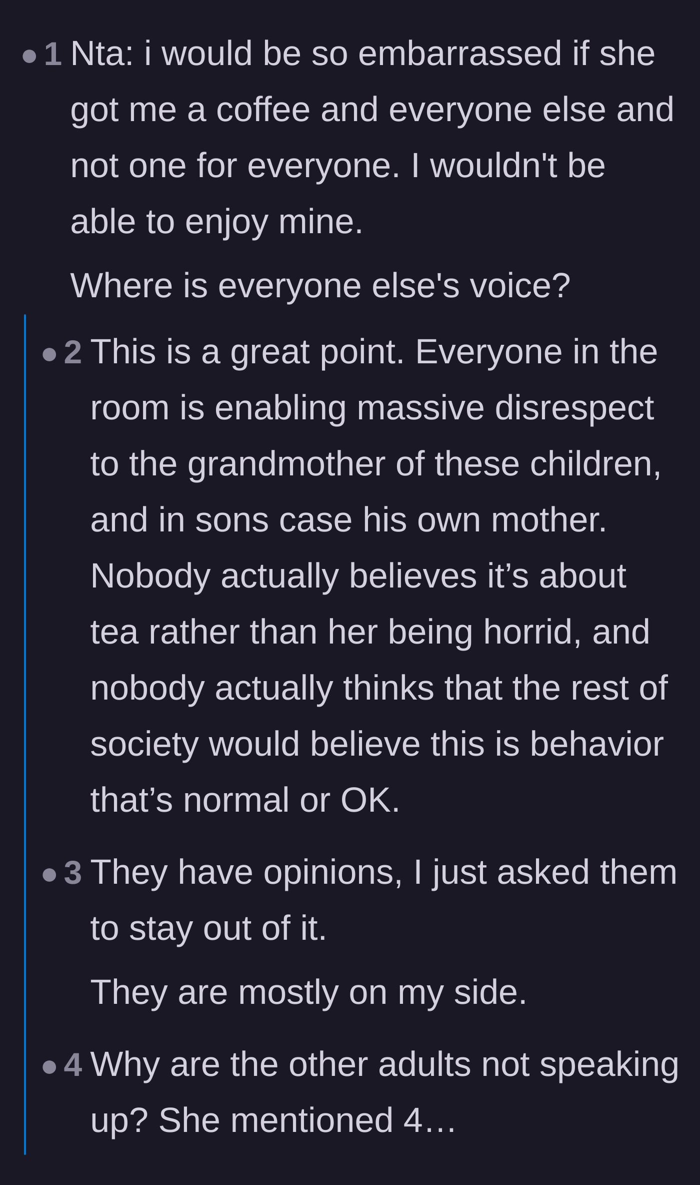 Comment thread 6 - Questions surrounding the silence of the other family members and why enablers let bad behavior slide.