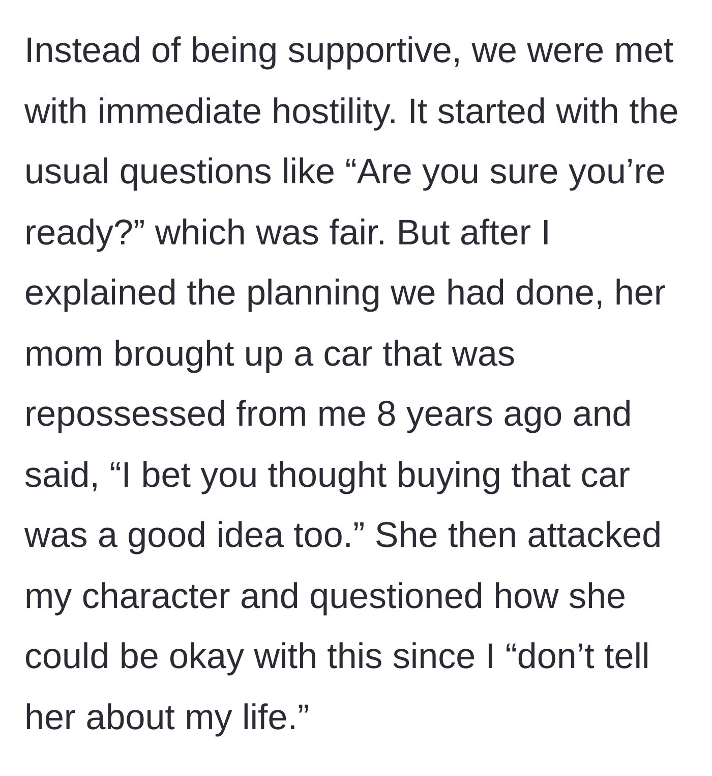 Story part 3 - The mother-in-law reacting with intense hostility, aggressively bringing up a past financial mistake to attack the author's character.