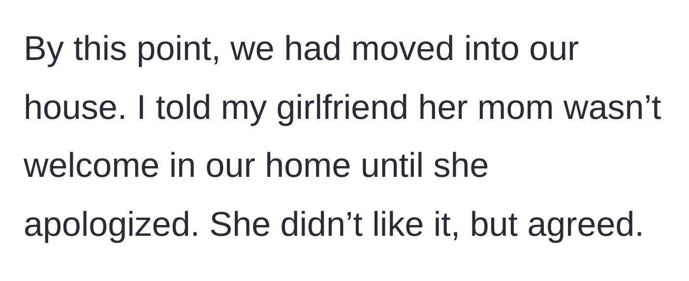 Story part 7 - The author laying down a firm boundary that the mother-in-law cannot visit their newly purchased house without apologizing first.