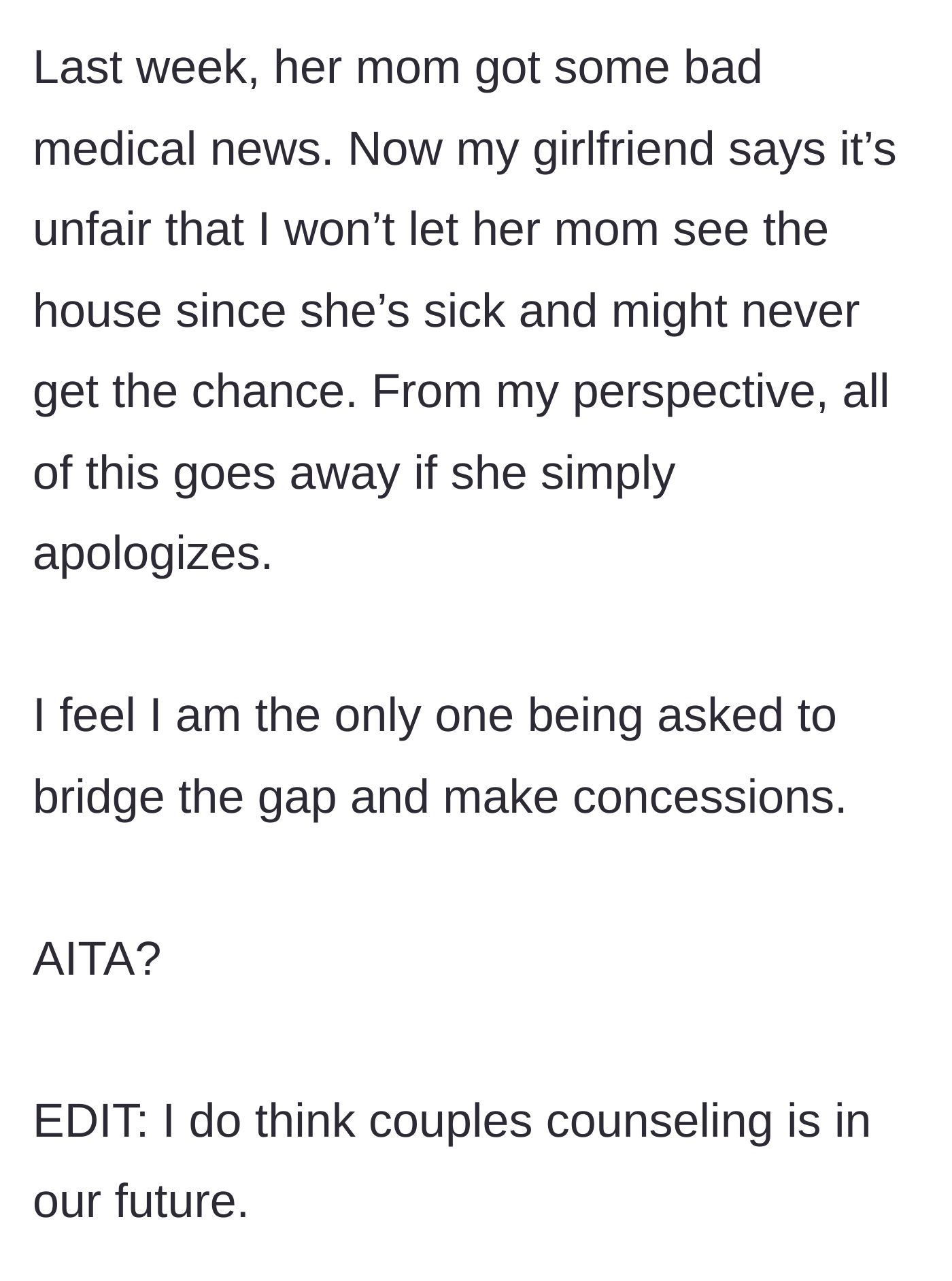 Story part 8 - The mother-in-law's sudden illness being used as a guilt trip by the girlfriend to bypass the boundary, leading the couple toward therapy.