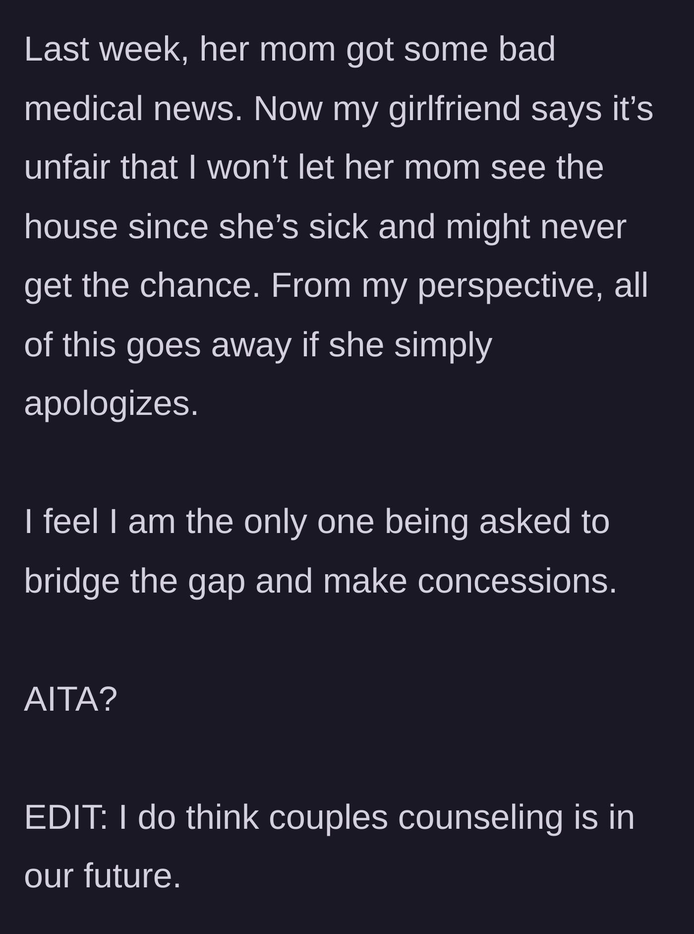 Story part 8 - The mother-in-law's sudden illness being used as a guilt trip by the girlfriend to bypass the boundary, leading the couple toward therapy.