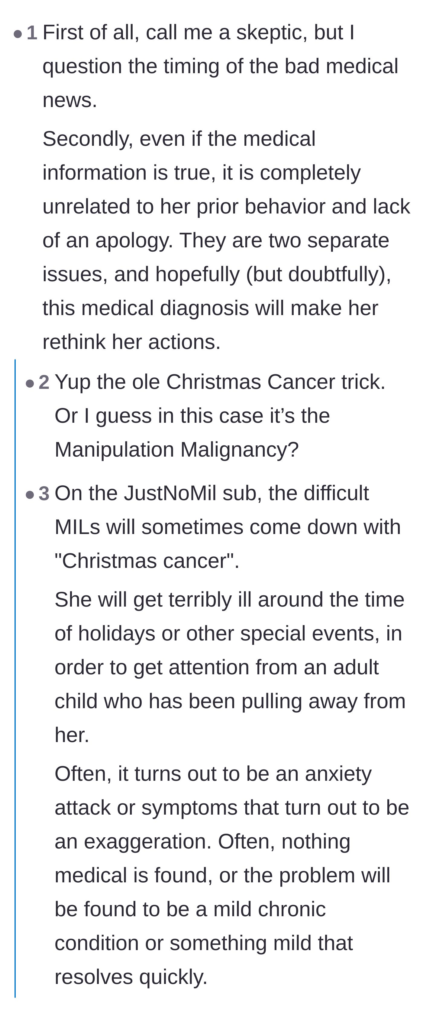 Comment thread 1 - Readers discuss the 'Christmas Cancer' pattern, where toxic family members fake or exaggerate illnesses during milestones to regain control.