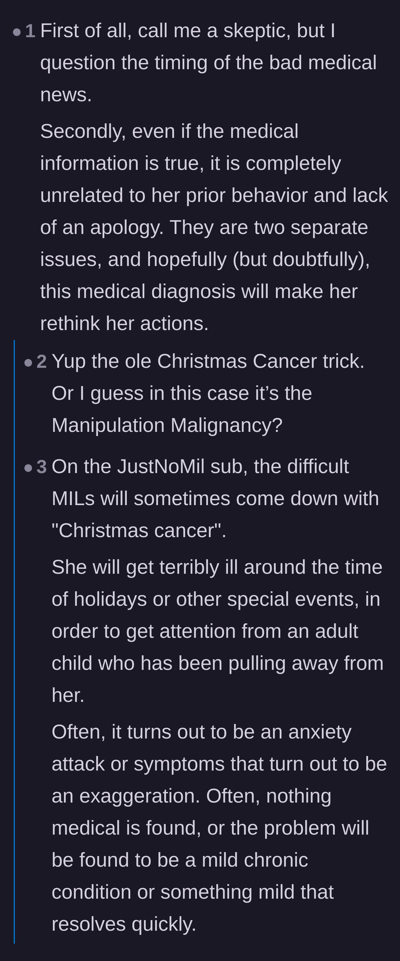 Comment thread 1 - Readers discuss the 'Christmas Cancer' pattern, where toxic family members fake or exaggerate illnesses during milestones to regain control.