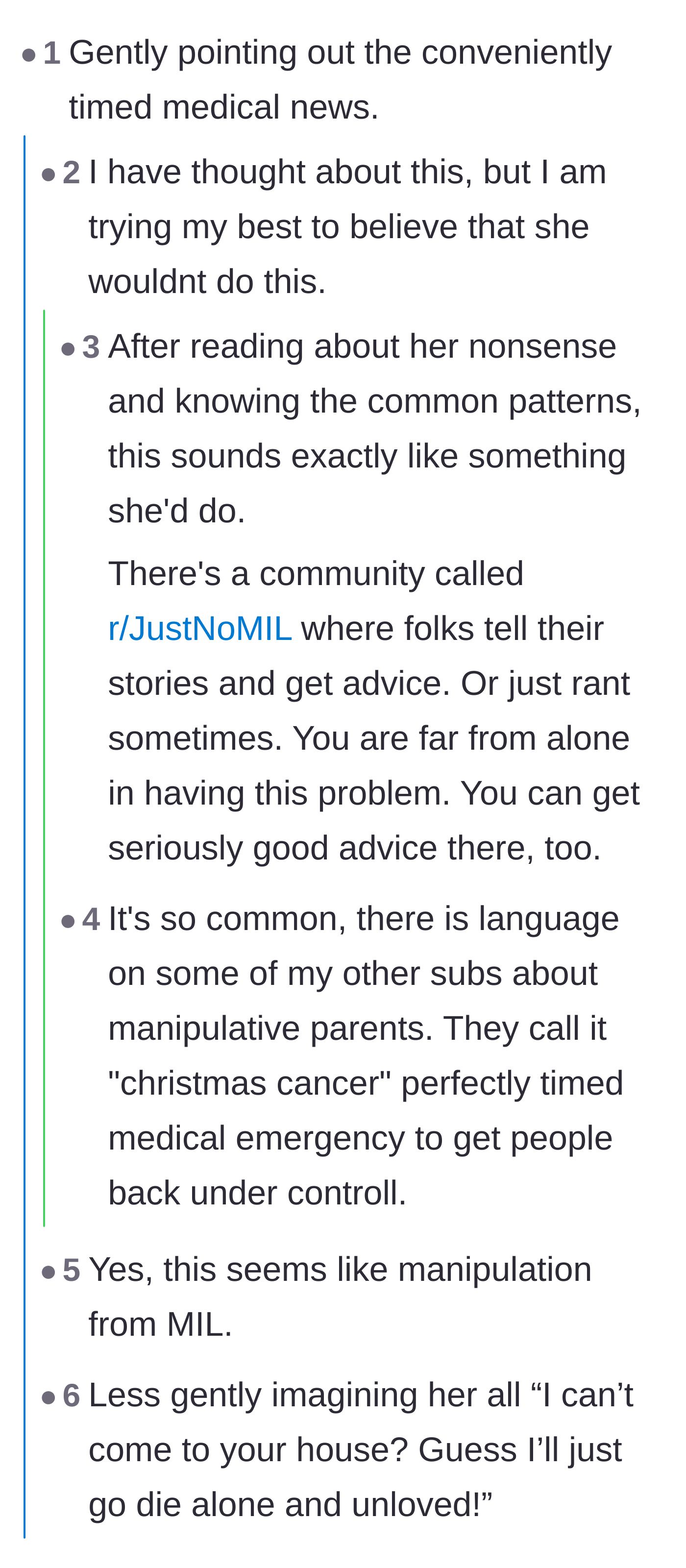 Comment thread 2 - A discussion convincing the author that the mother-in-law's conveniently timed medical emergency is a textbook manipulation tactic.