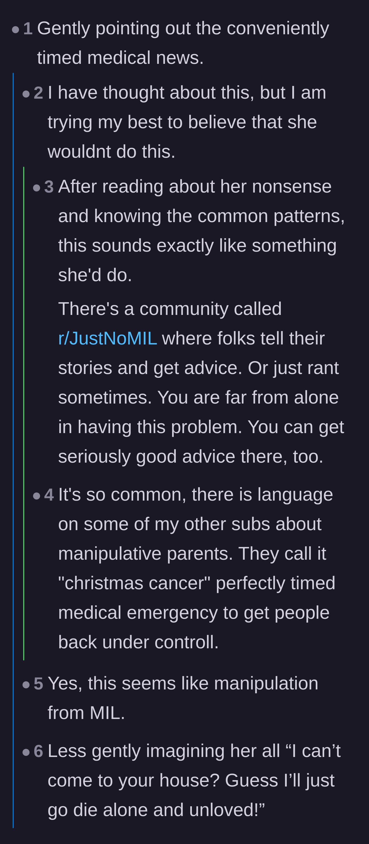 Comment thread 2 - A discussion convincing the author that the mother-in-law's conveniently timed medical emergency is a textbook manipulation tactic.