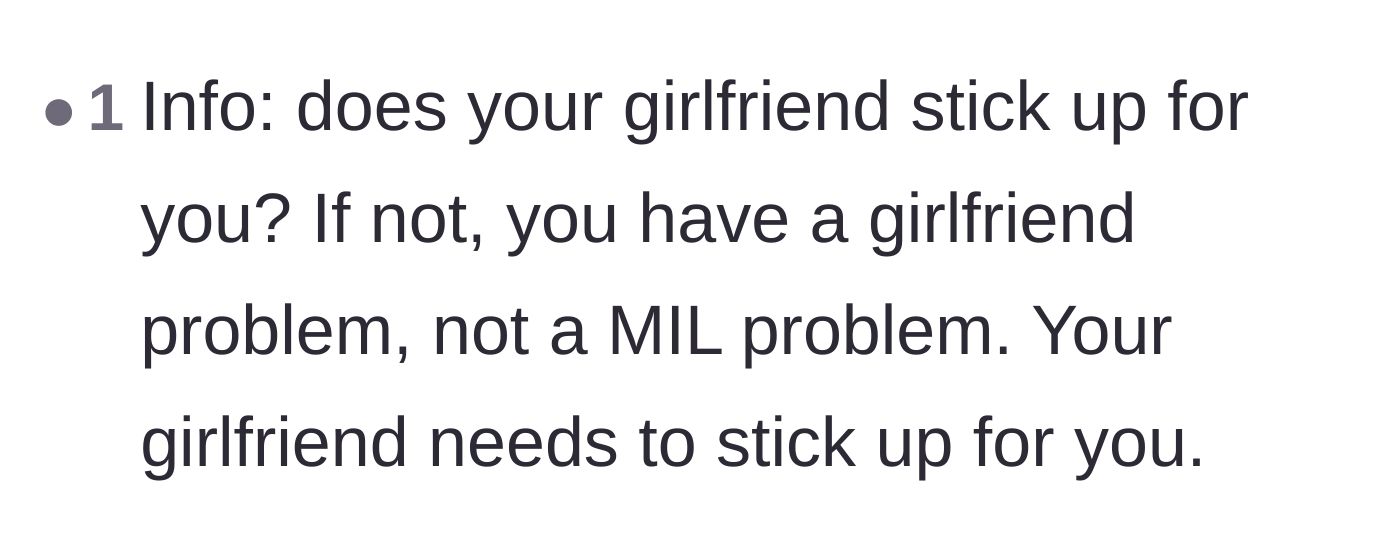 Comment thread 3 - A blunt comment pointing out that the real issue is the girlfriend's failure to stand up to her mother and protect her partner.