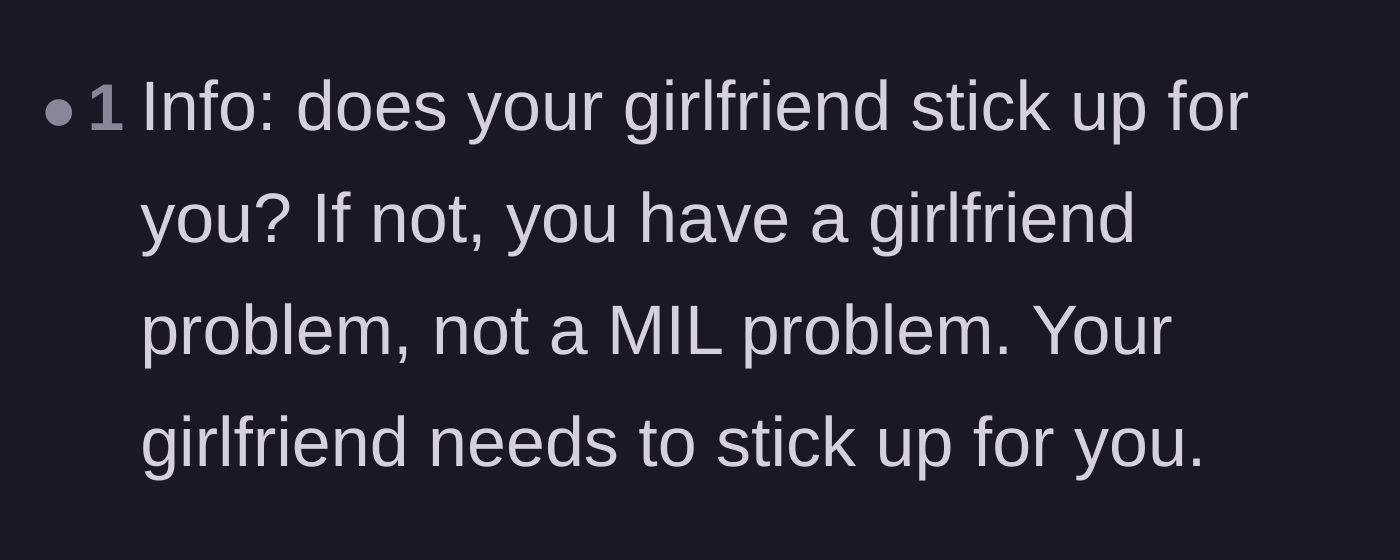 Comment thread 3 - A blunt comment pointing out that the real issue is the girlfriend's failure to stand up to her mother and protect her partner.