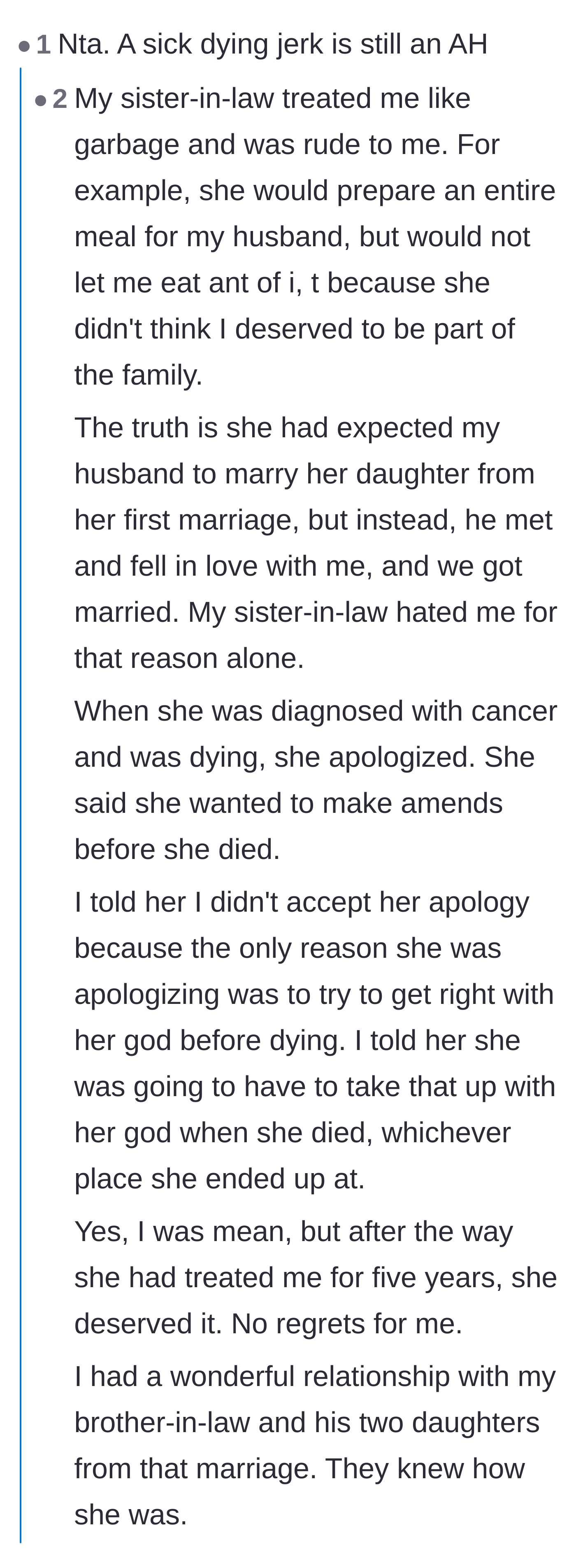 Comment thread 4 - A wild tangent where a commenter shares their own story of denying deathbed forgiveness to a cruel sister-in-law.