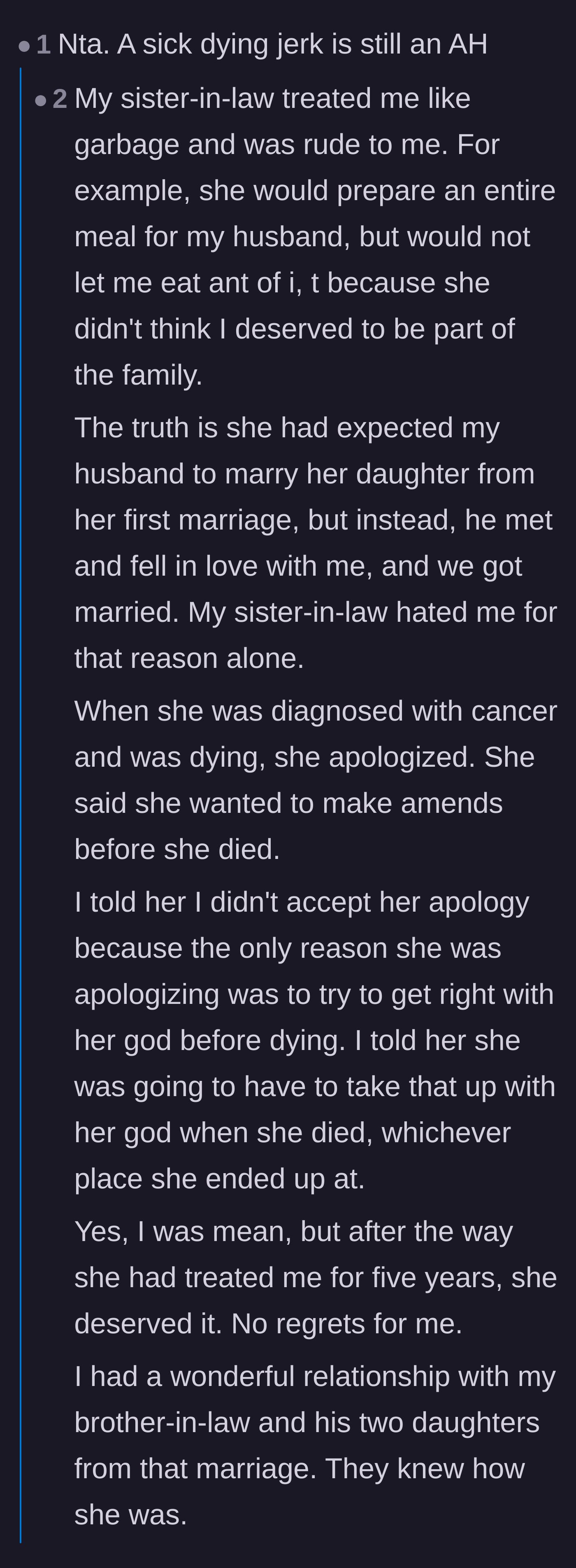 Comment thread 4 - A wild tangent where a commenter shares their own story of denying deathbed forgiveness to a cruel sister-in-law.