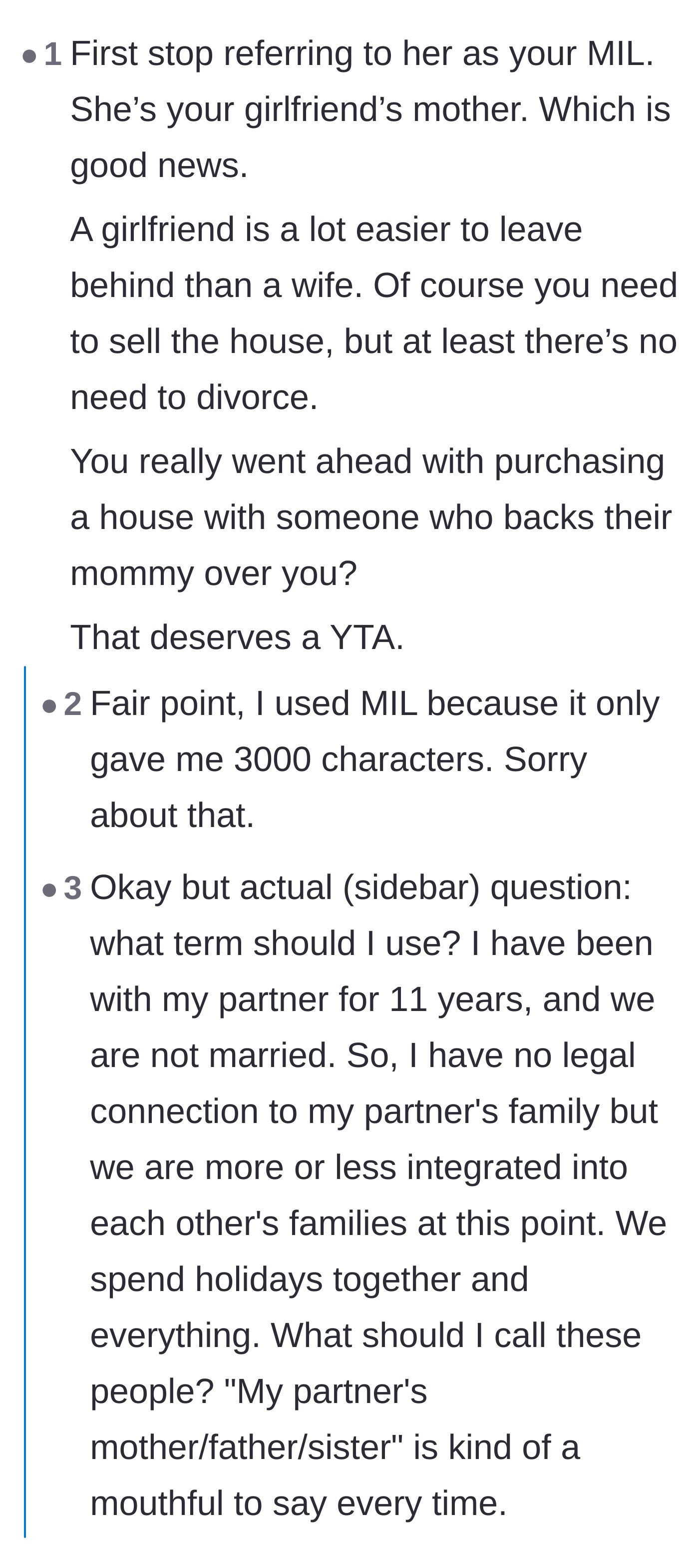 Comment thread 5 - A debate on whether buying a house with someone whose family is this toxic is a good idea, along with a side discussion on using the term mother-in-law.