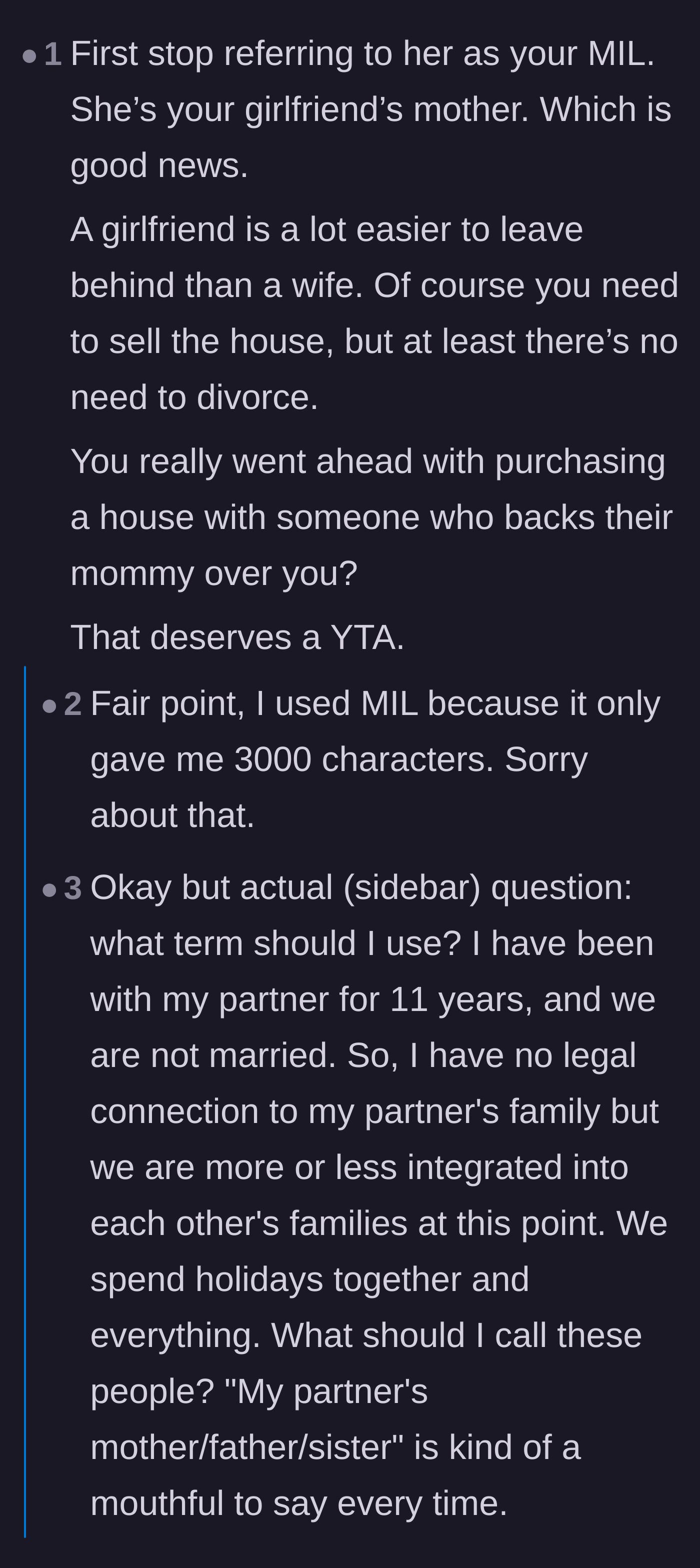 Comment thread 5 - A debate on whether buying a house with someone whose family is this toxic is a good idea, along with a side discussion on using the term mother-in-law.
