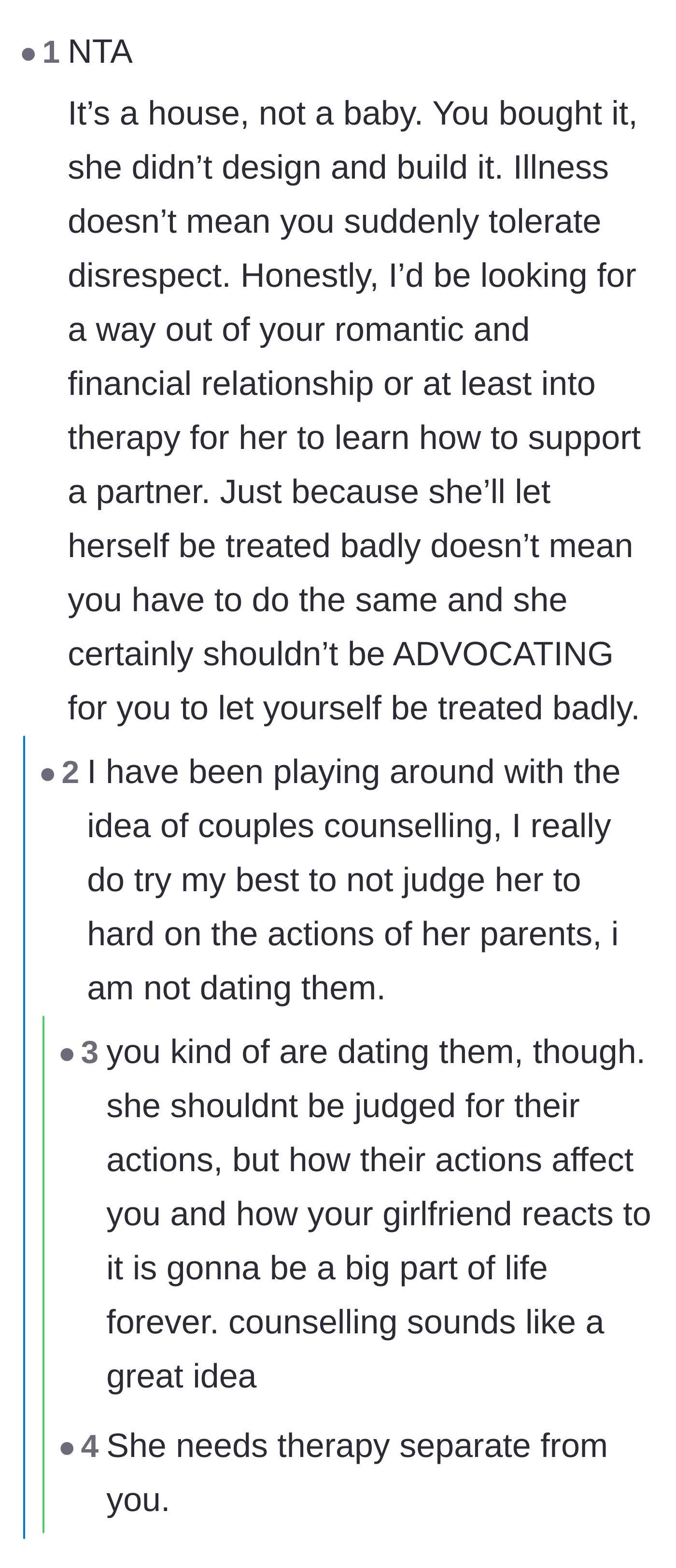 Comment thread 6 - Advice urging the author to pursue couples counseling because marrying someone means marrying their toxic family dynamics.