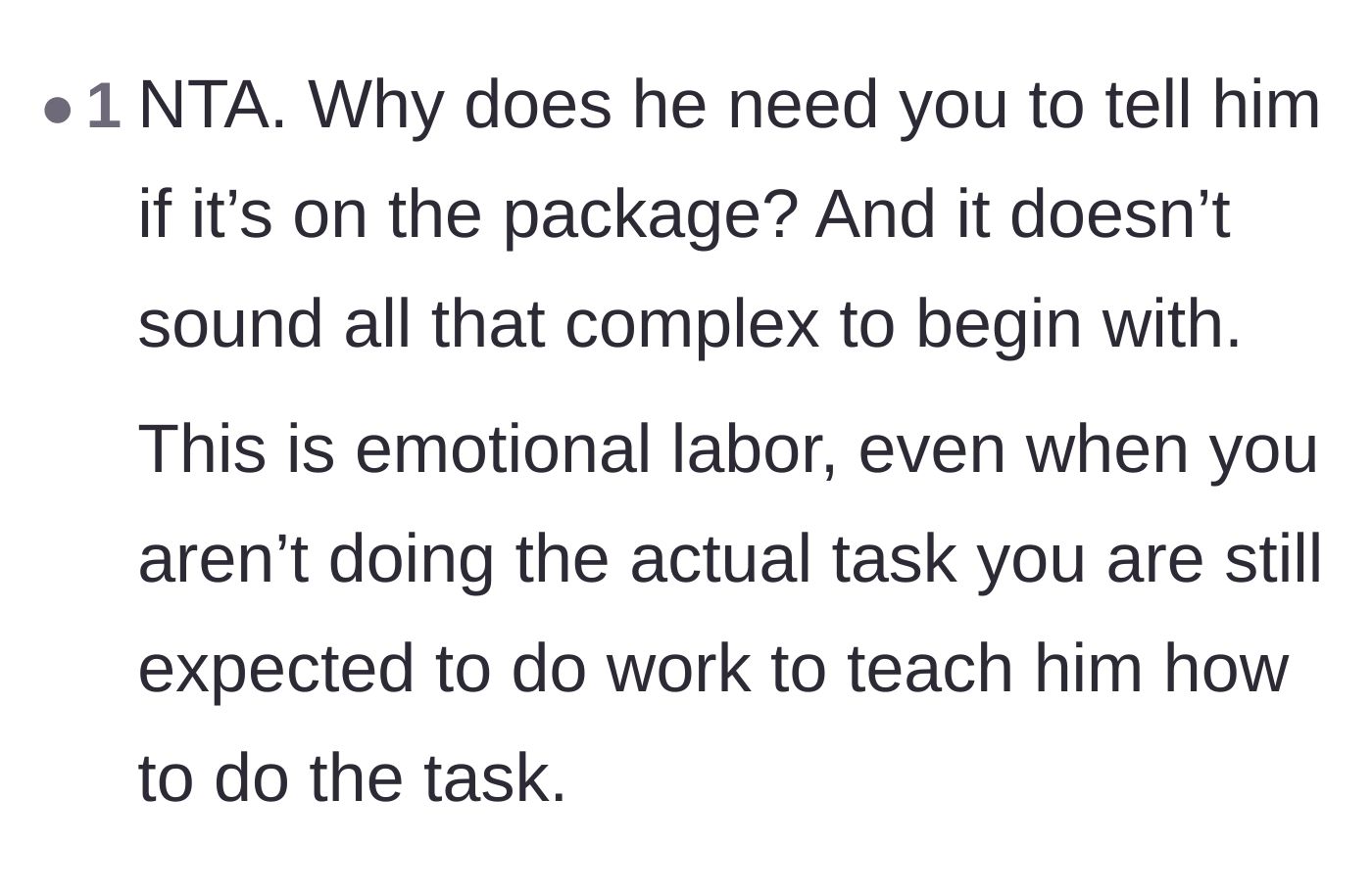 Comment thread 6 - A comment pointing out that forcing the girlfriend to explain the instructions out loud is a form of emotional labor.