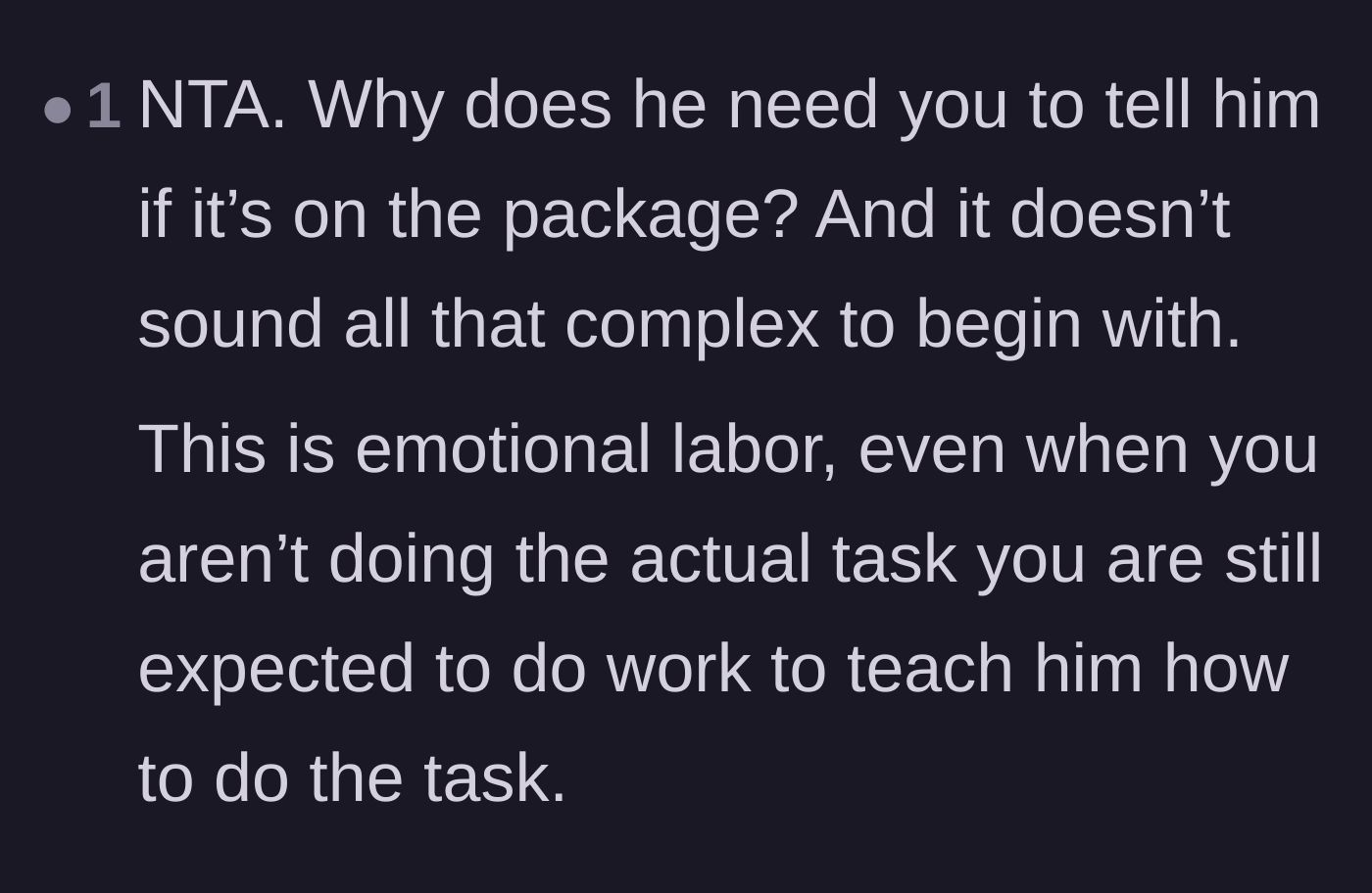 Comment thread 6 - A comment pointing out that forcing the girlfriend to explain the instructions out loud is a form of emotional labor.
