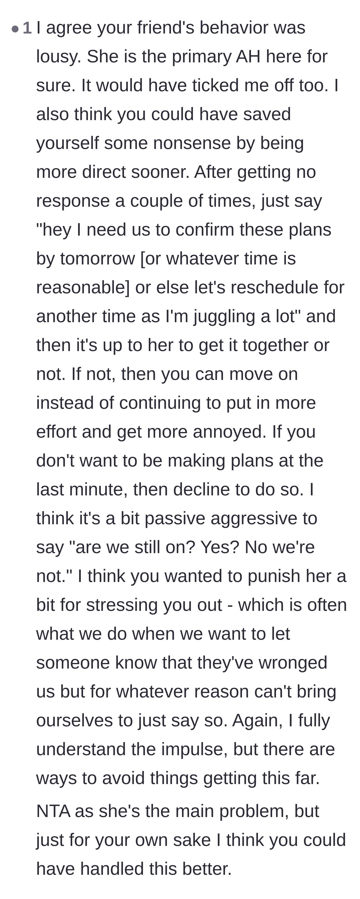 Comment thread 2 - Advice suggesting the author should have been more direct early on instead of passive-aggressively canceling at the end.