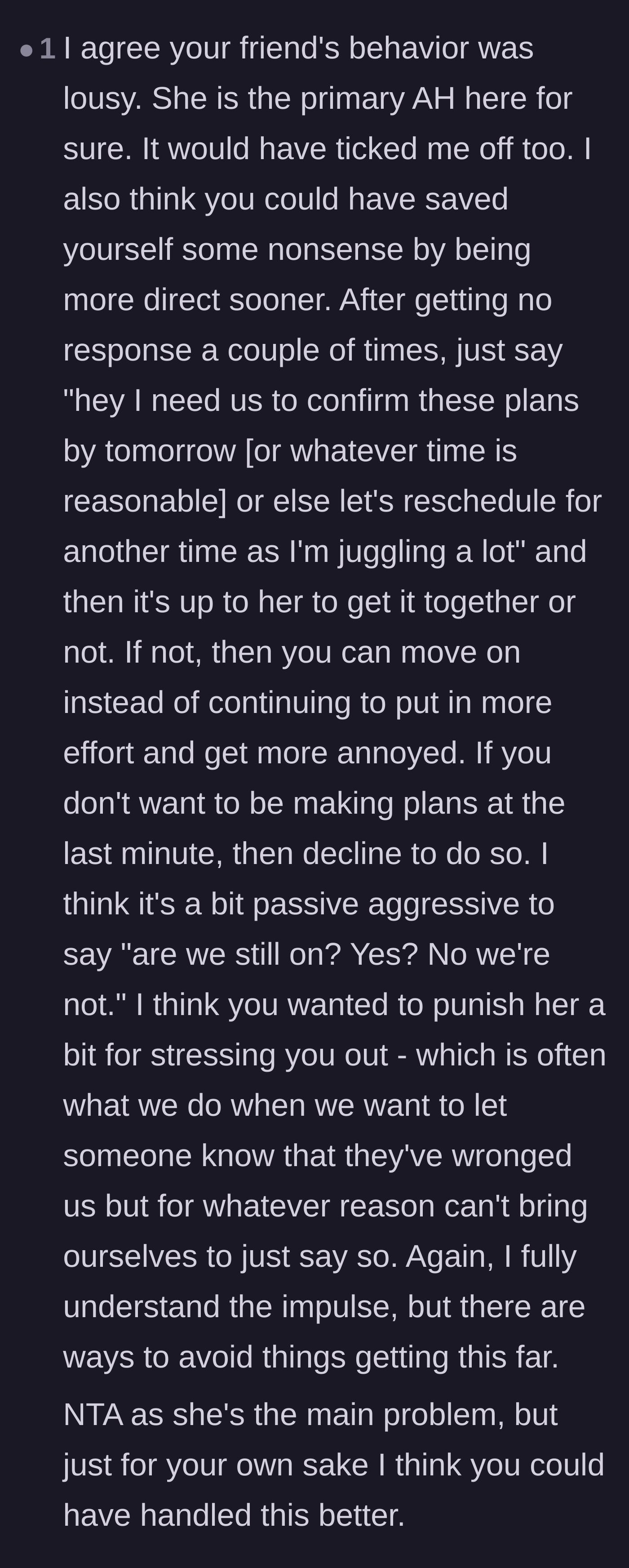 Comment thread 2 - Advice suggesting the author should have been more direct early on instead of passive-aggressively canceling at the end.