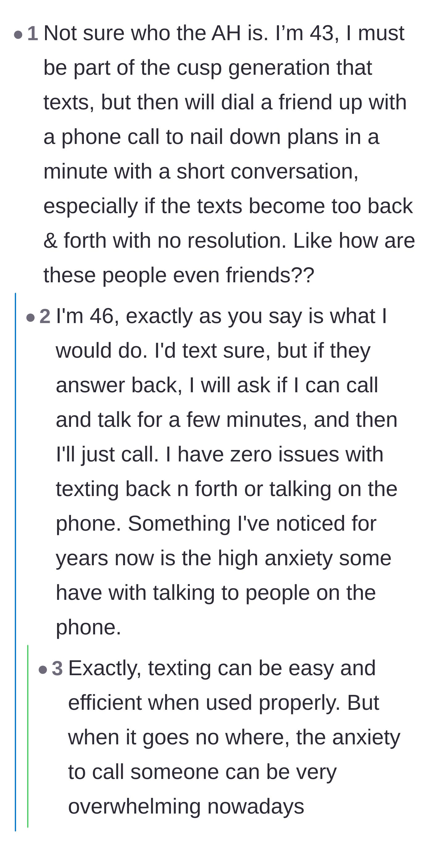 Comment thread 4 - Older users expressing confusion over why the friends didn't just call each other on the phone to sort it out in one minute.