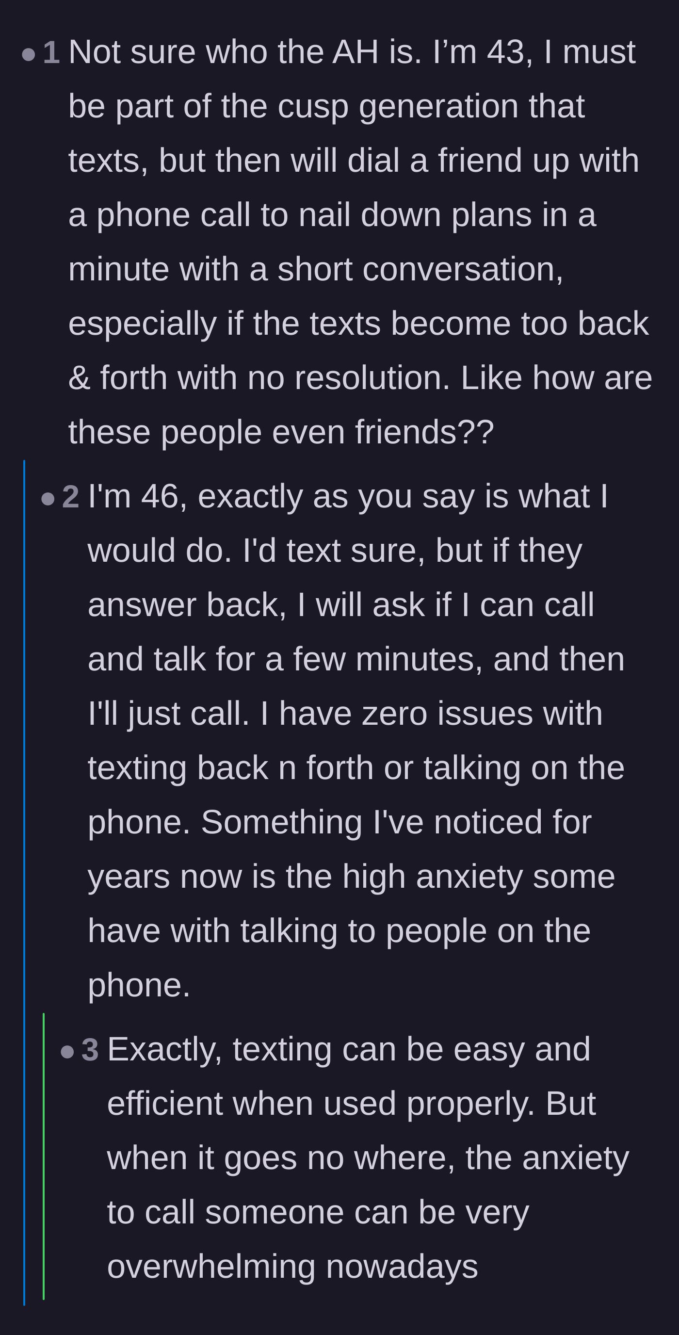 Comment thread 4 - Older users expressing confusion over why the friends didn't just call each other on the phone to sort it out in one minute.