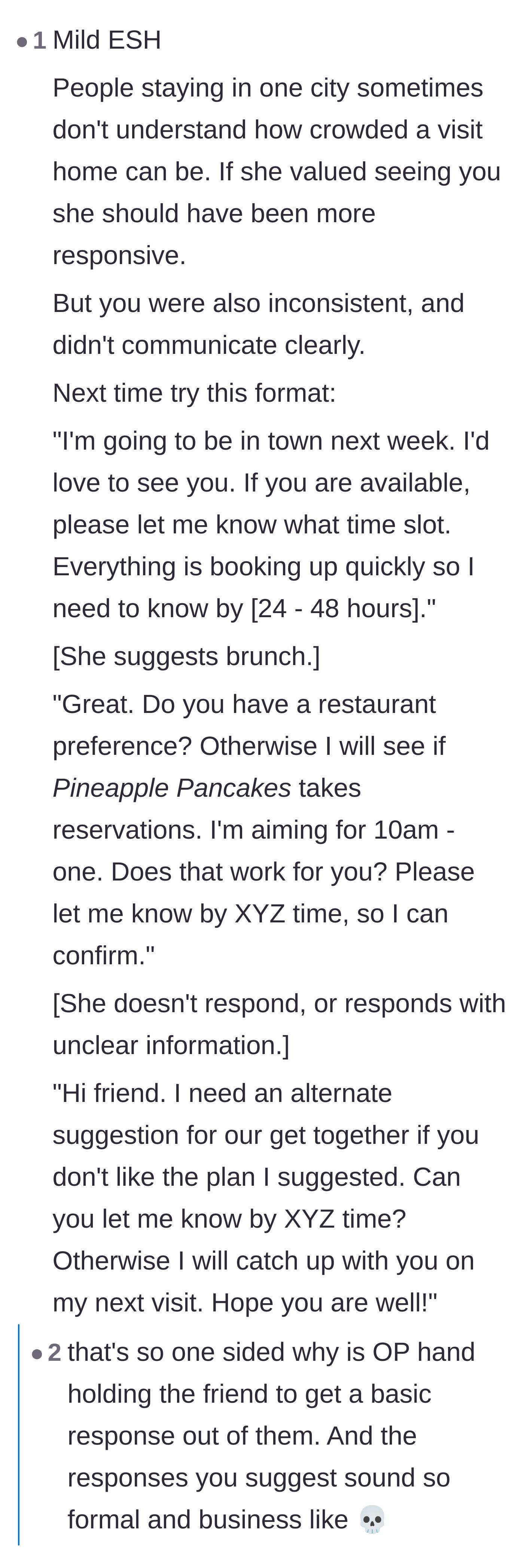 Comment thread 5 - A user provides a highly structured, almost corporate script for setting up plans, sparking a debate on whether it's too formal.