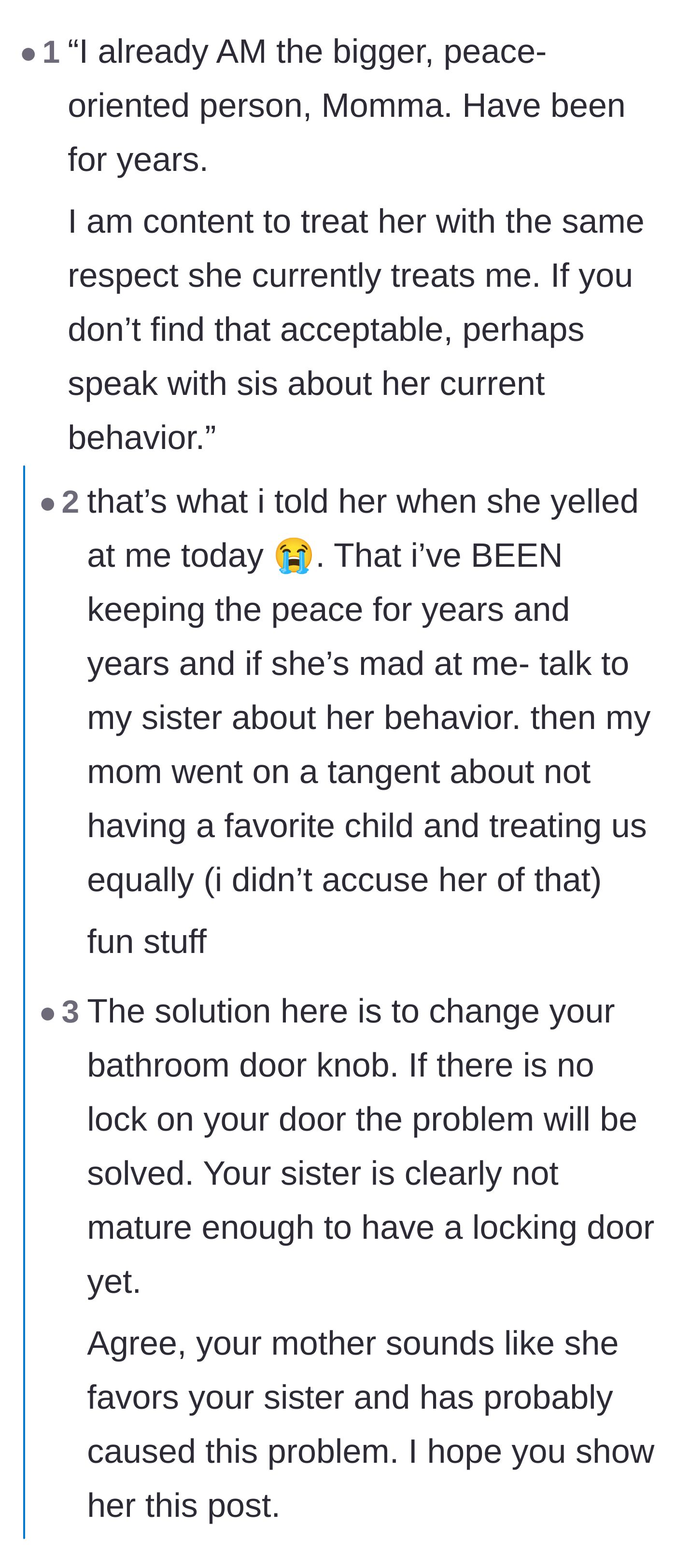 Comment thread 1 - A discussion on telling the mom to direct her complaints at the sister's behavior instead of the main character.