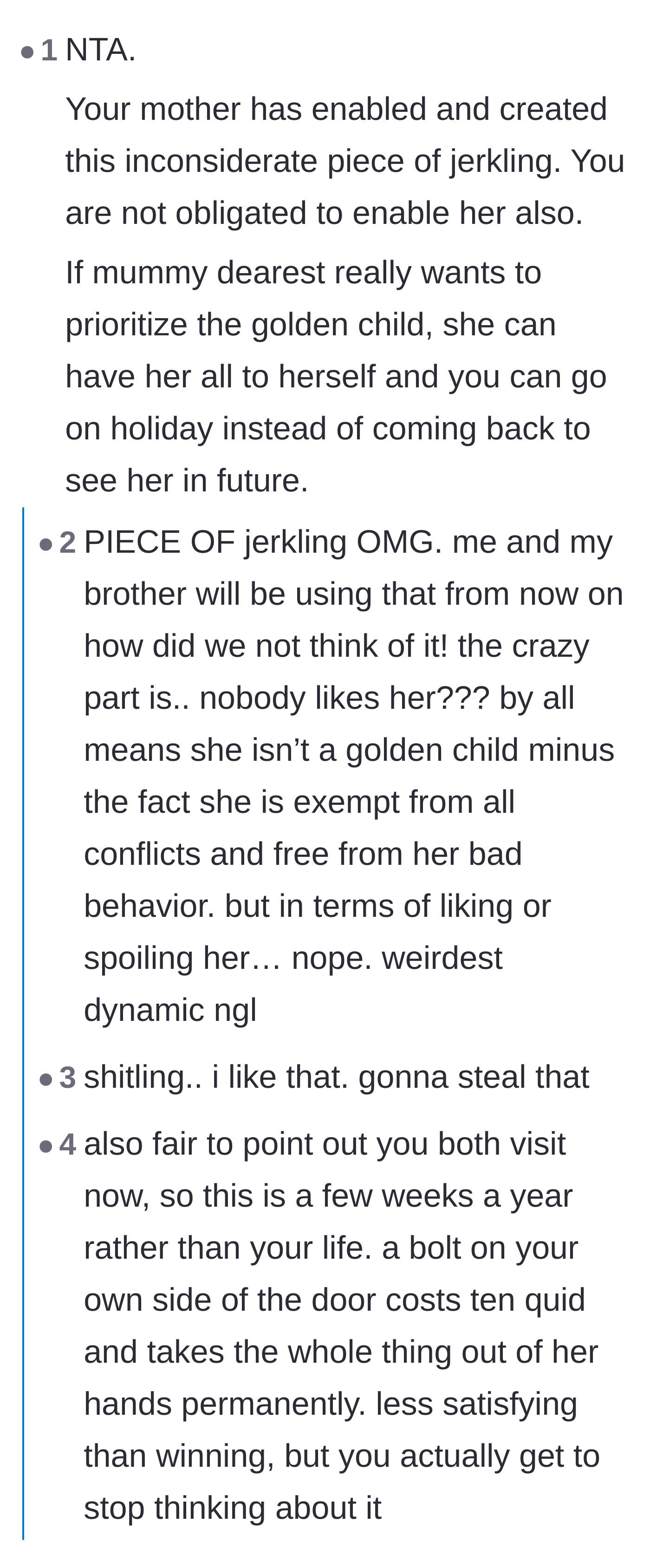 Comment thread 2 - Readers dubbing the sister a 'piece of shitling' and calling out the mom for fostering this toxic dynamic.