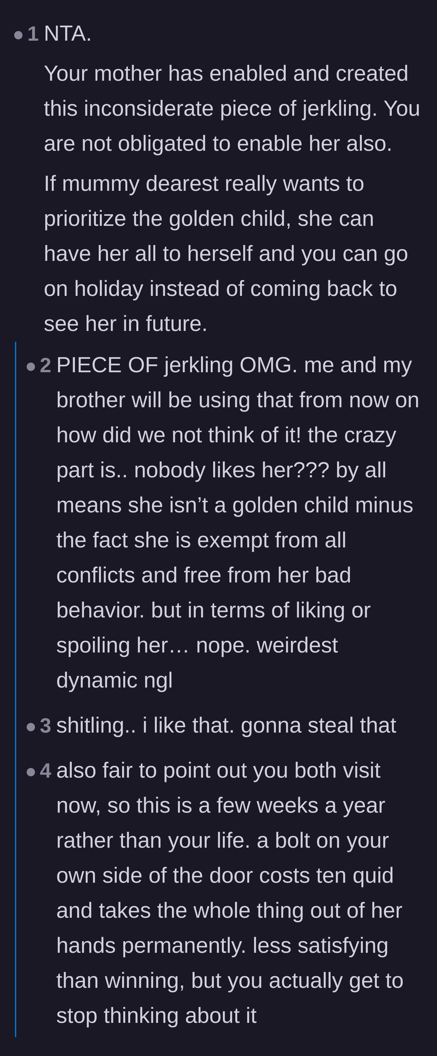 Comment thread 2 - Readers dubbing the sister a 'piece of shitling' and calling out the mom for fostering this toxic dynamic.