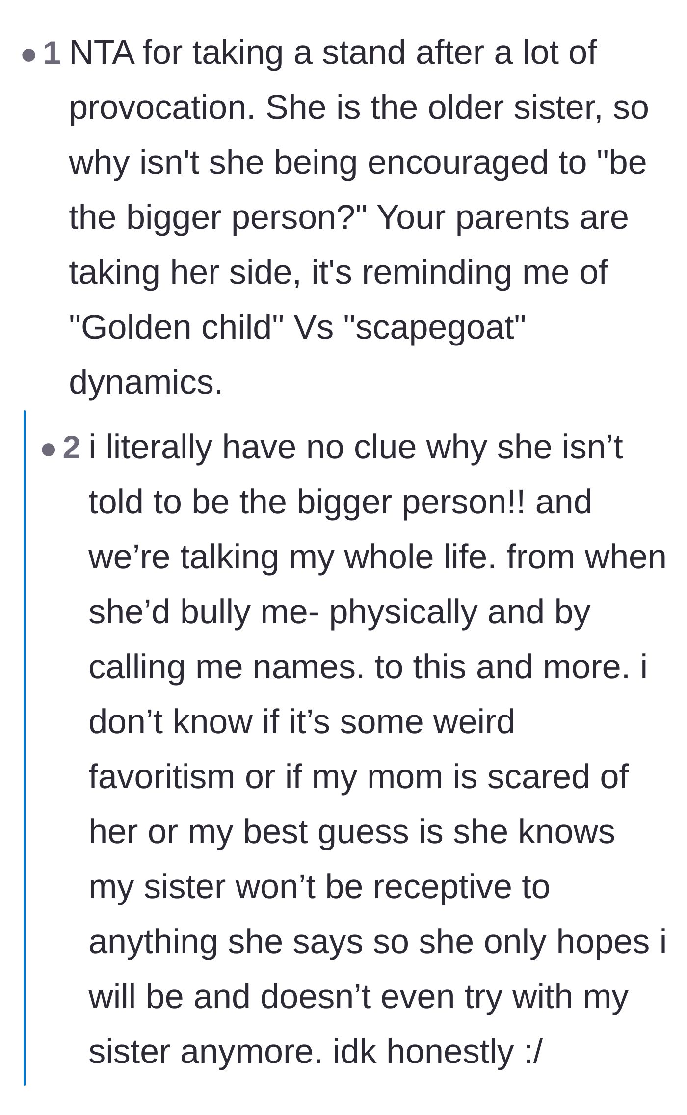 Comment thread 3 - Debating why the older sibling is never asked to be the bigger person and exploring the golden child dynamic.