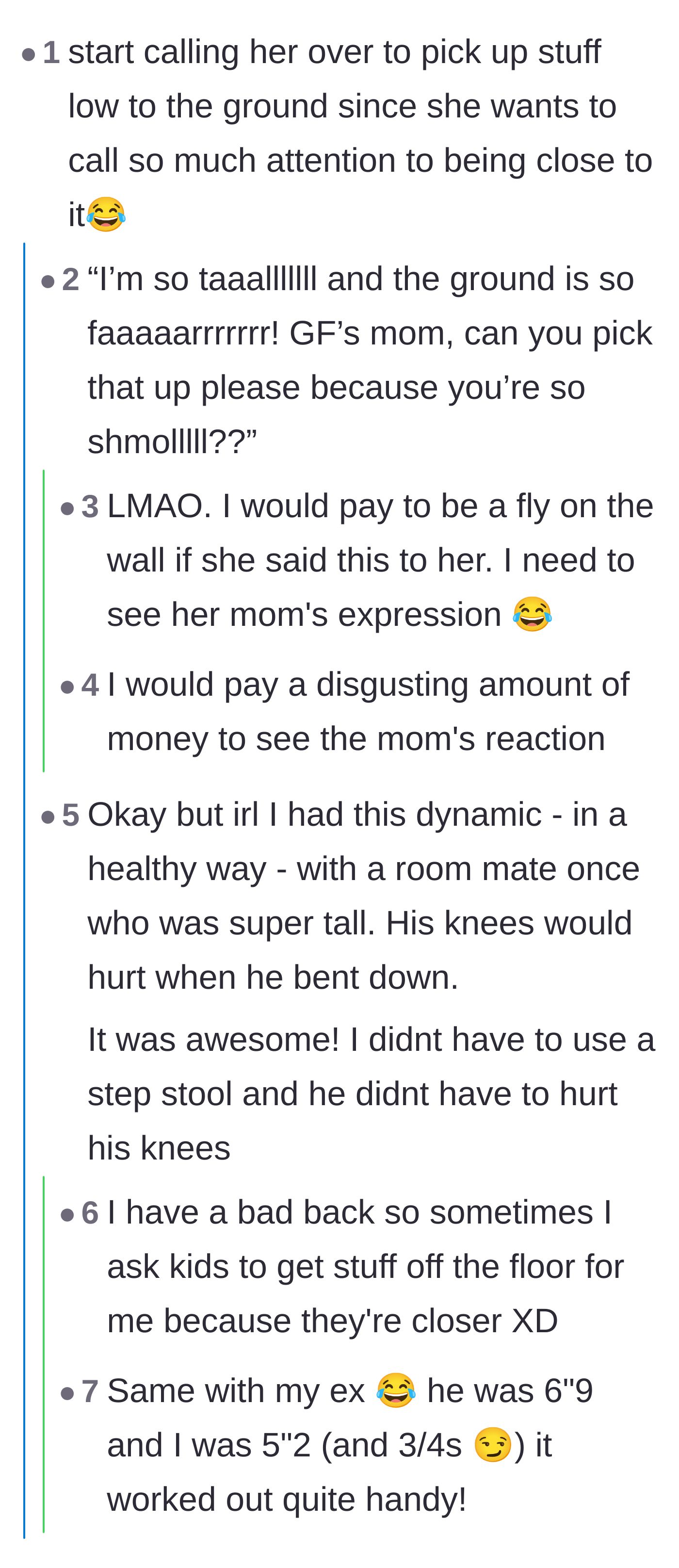 Comment thread 1 - Readers suggest sarcastically asking the mother to pick up items near the ground since she is so small.