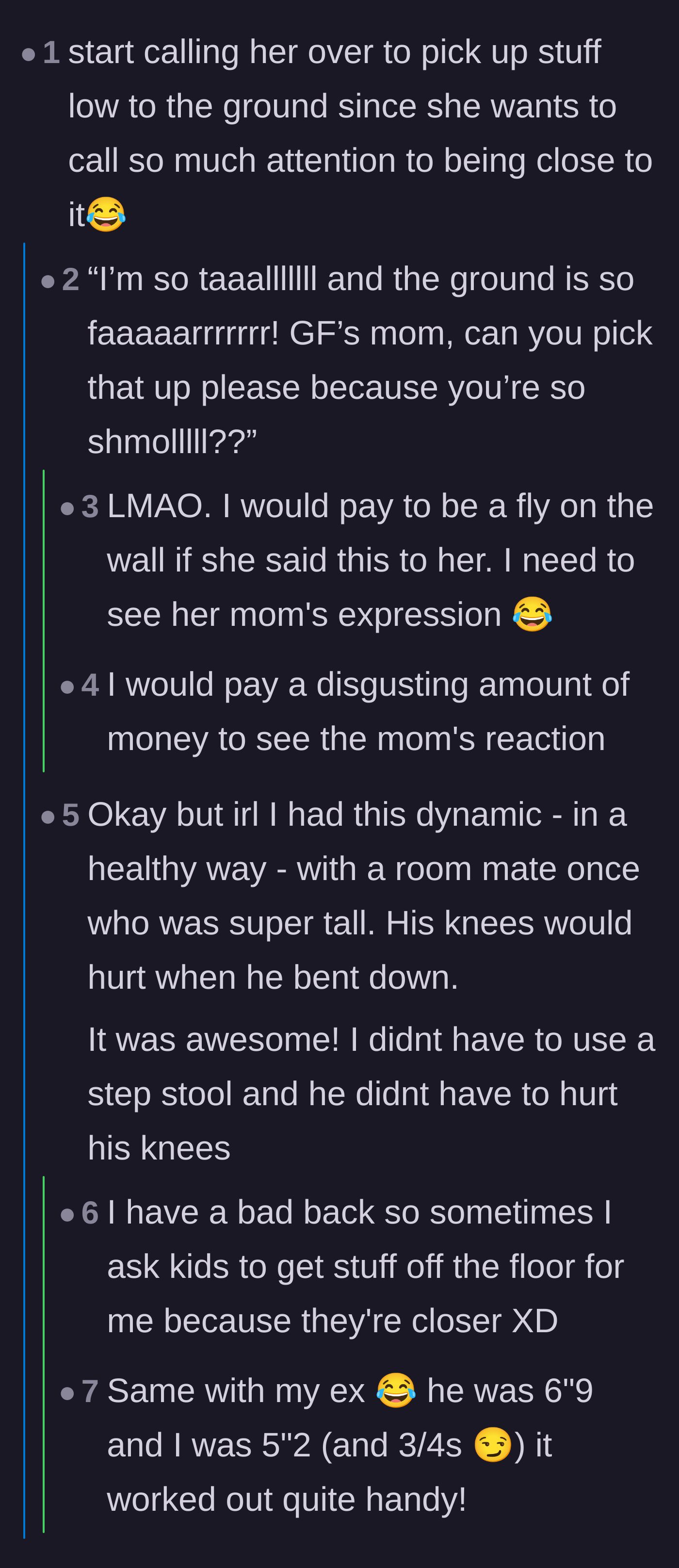 Comment thread 1 - Readers suggest sarcastically asking the mother to pick up items near the ground since she is so small.