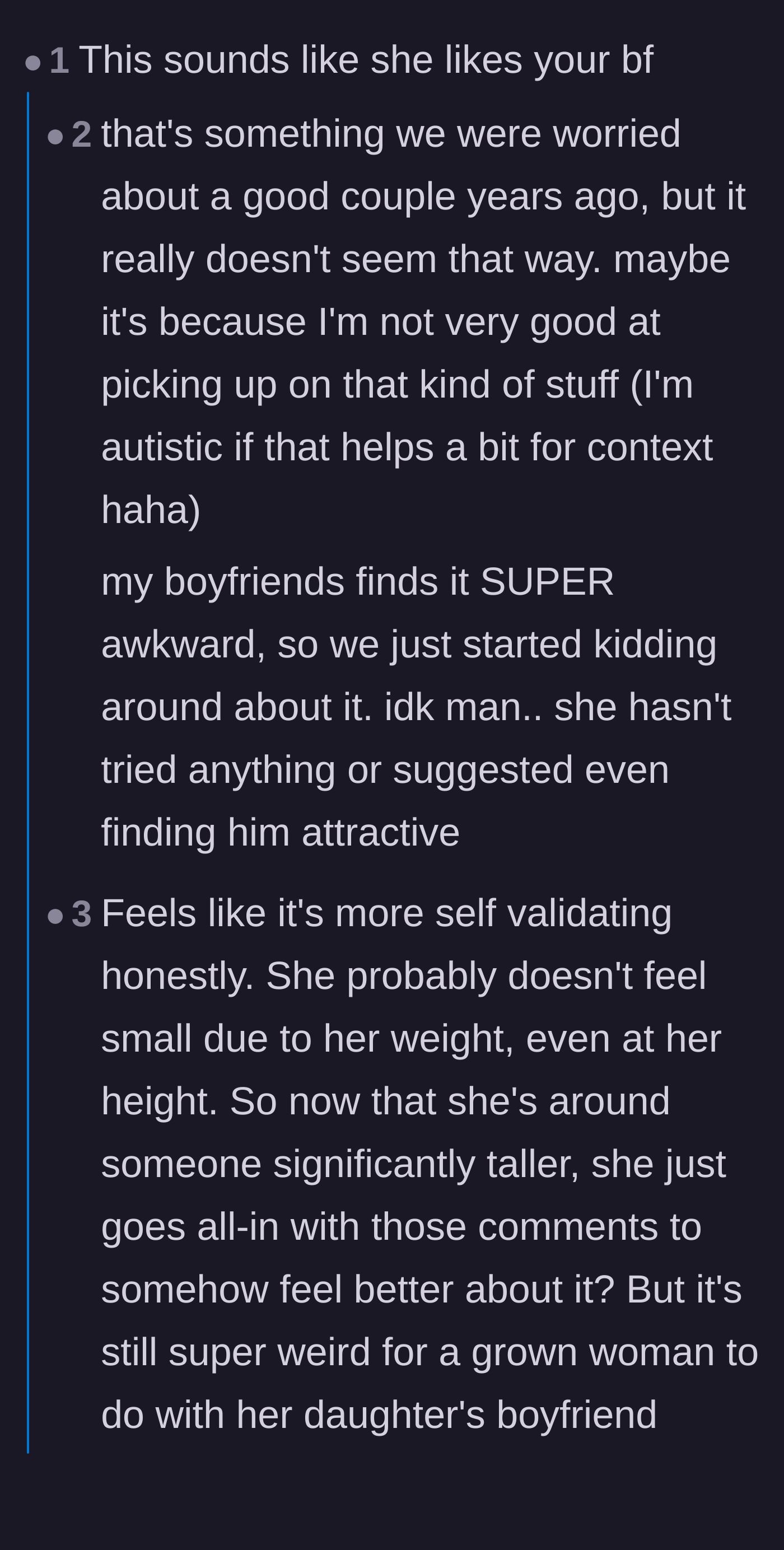 Comment thread 2 - A deep discussion about whether the mother is flirting or simply engaging in toxic, narcissistic competition with her child.