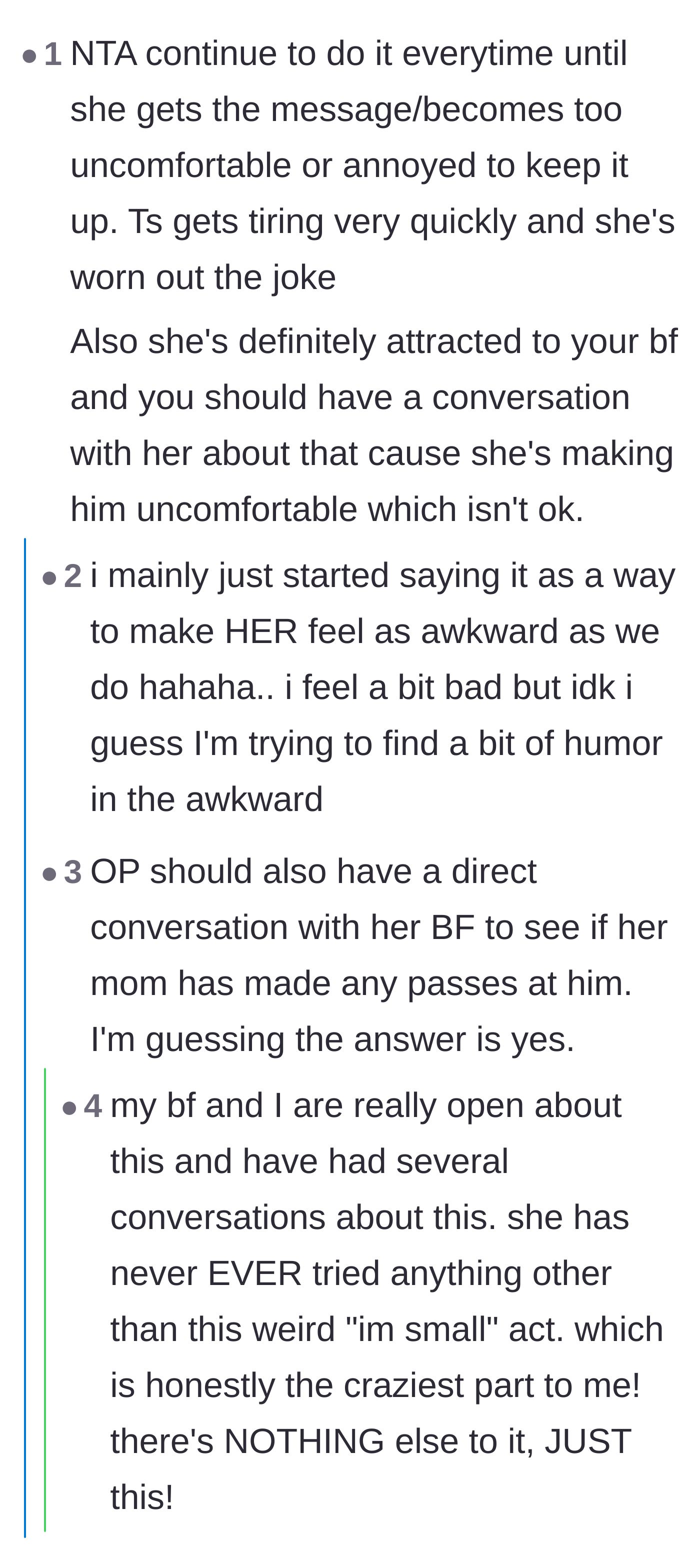 Comment thread 4 - Advice urging the author to keep making the mother feel awkward to force a permanent boundary.