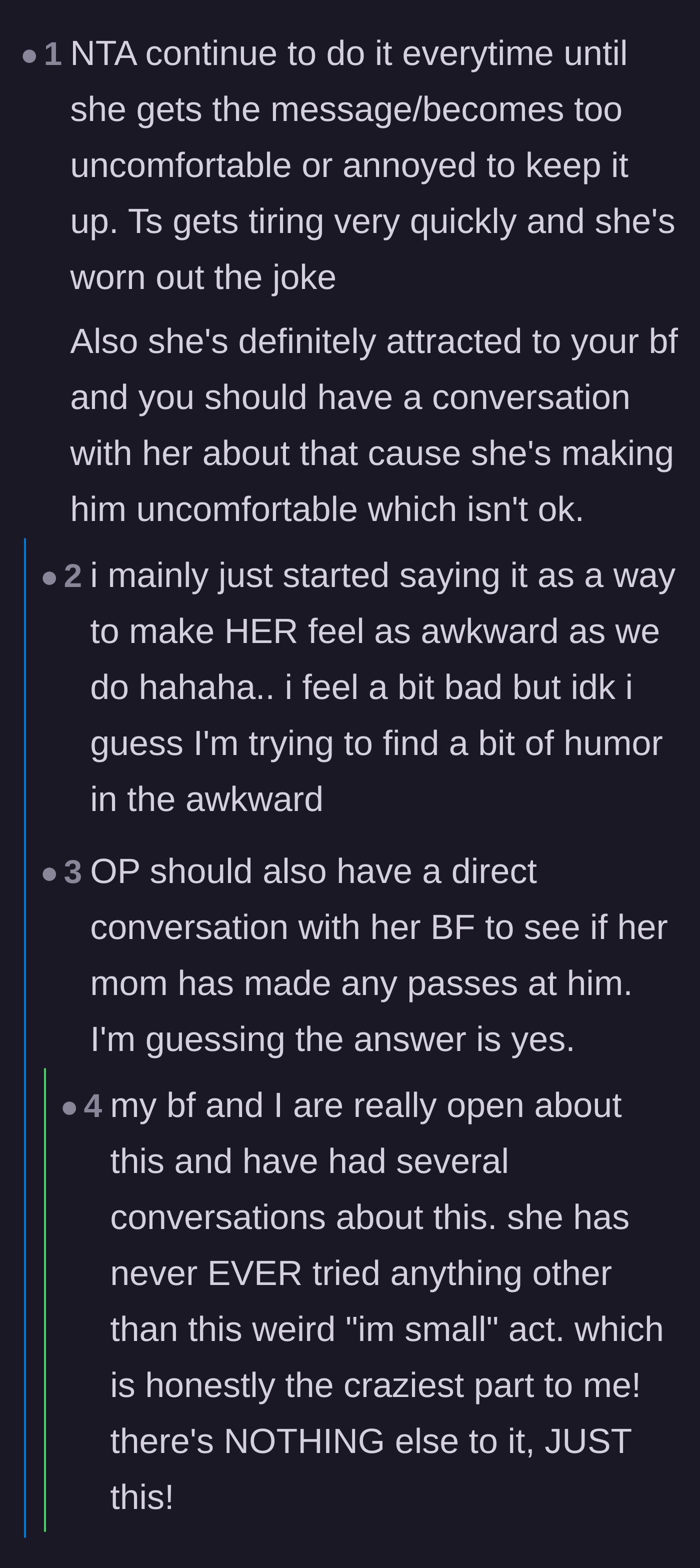 Comment thread 4 - Advice urging the author to keep making the mother feel awkward to force a permanent boundary.