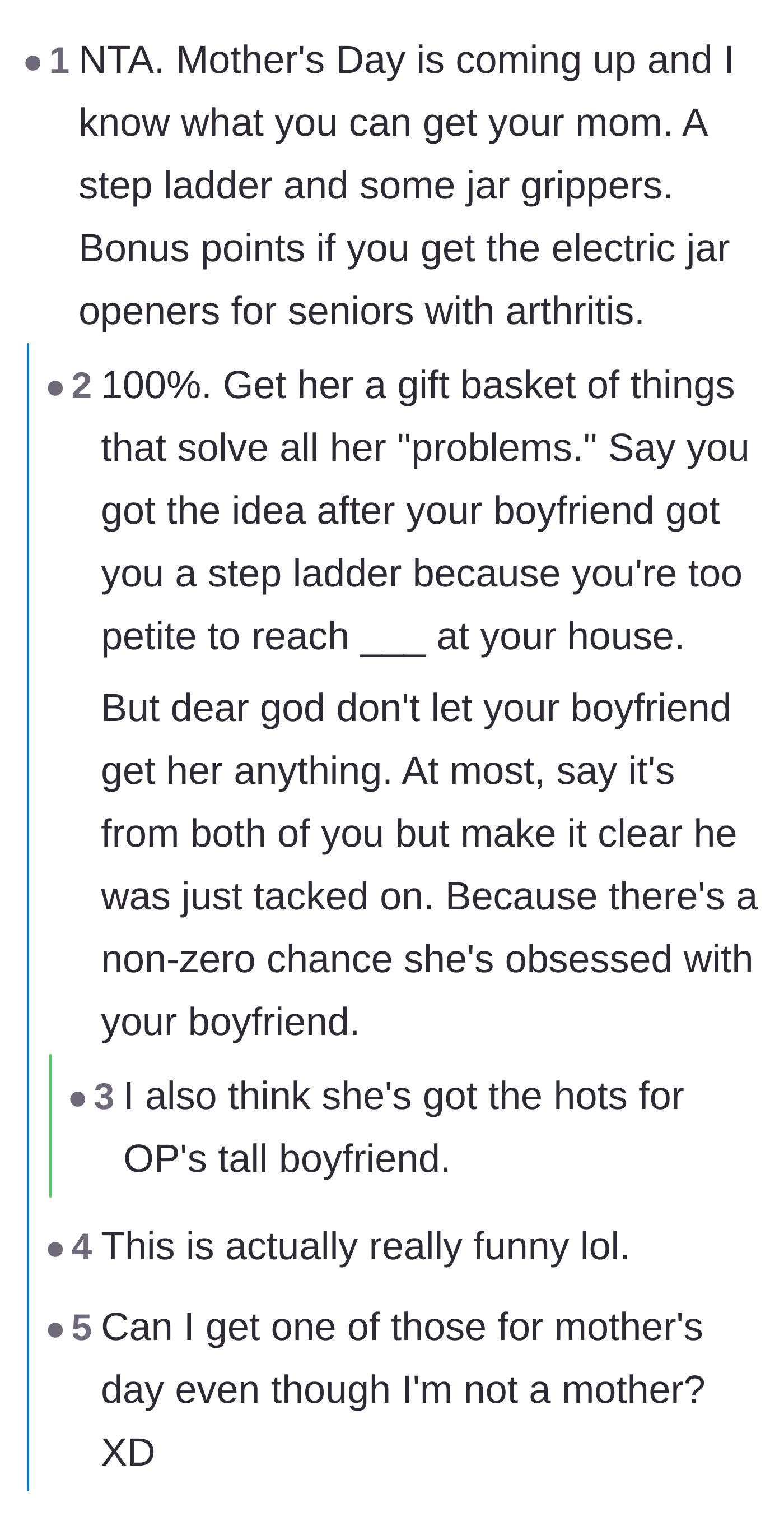Comment thread 6 - Humorous suggestions to buy the mother a step ladder and arthritis jar openers for Mother's Day.