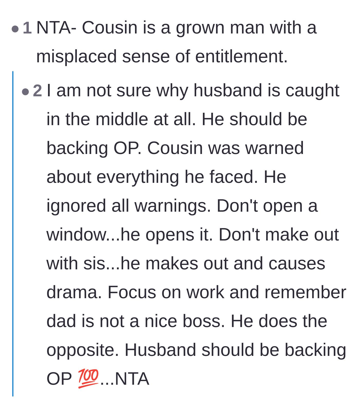 Comment thread 2 - Pointing out the cousin's entitlement and how the husband needs to fully back up his wife.