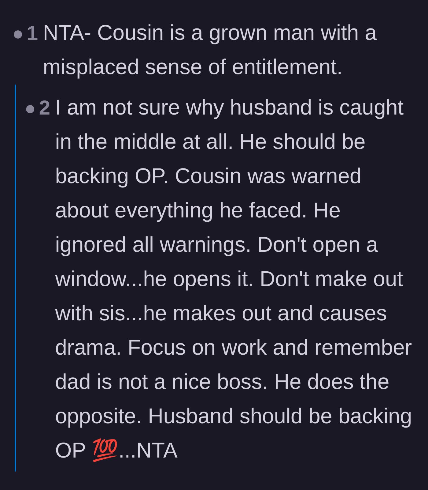 Comment thread 2 - Pointing out the cousin's entitlement and how the husband needs to fully back up his wife.