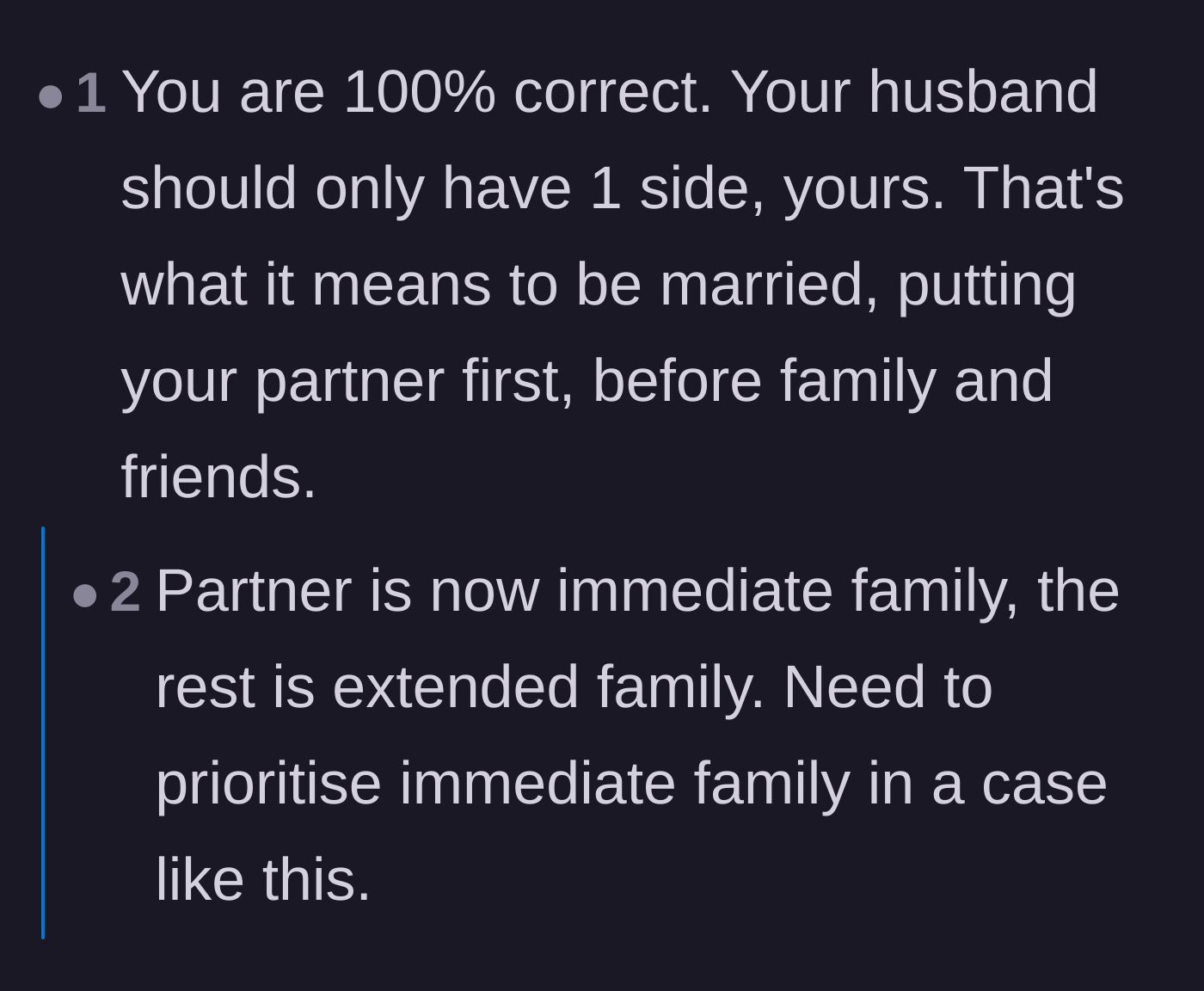 Comment thread 4 - A discussion on how a spouse becomes immediate family and should always be prioritized.