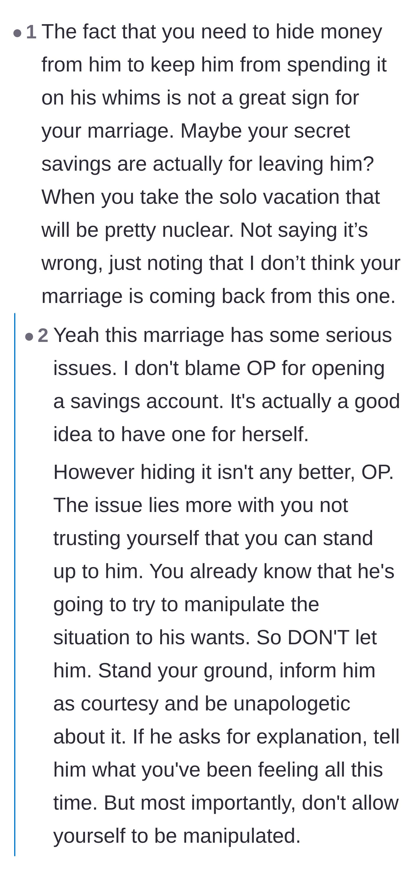 Comment thread 1 - Debate over whether hiding money means the marriage is doomed or if it's a necessary first step to reclaim power.