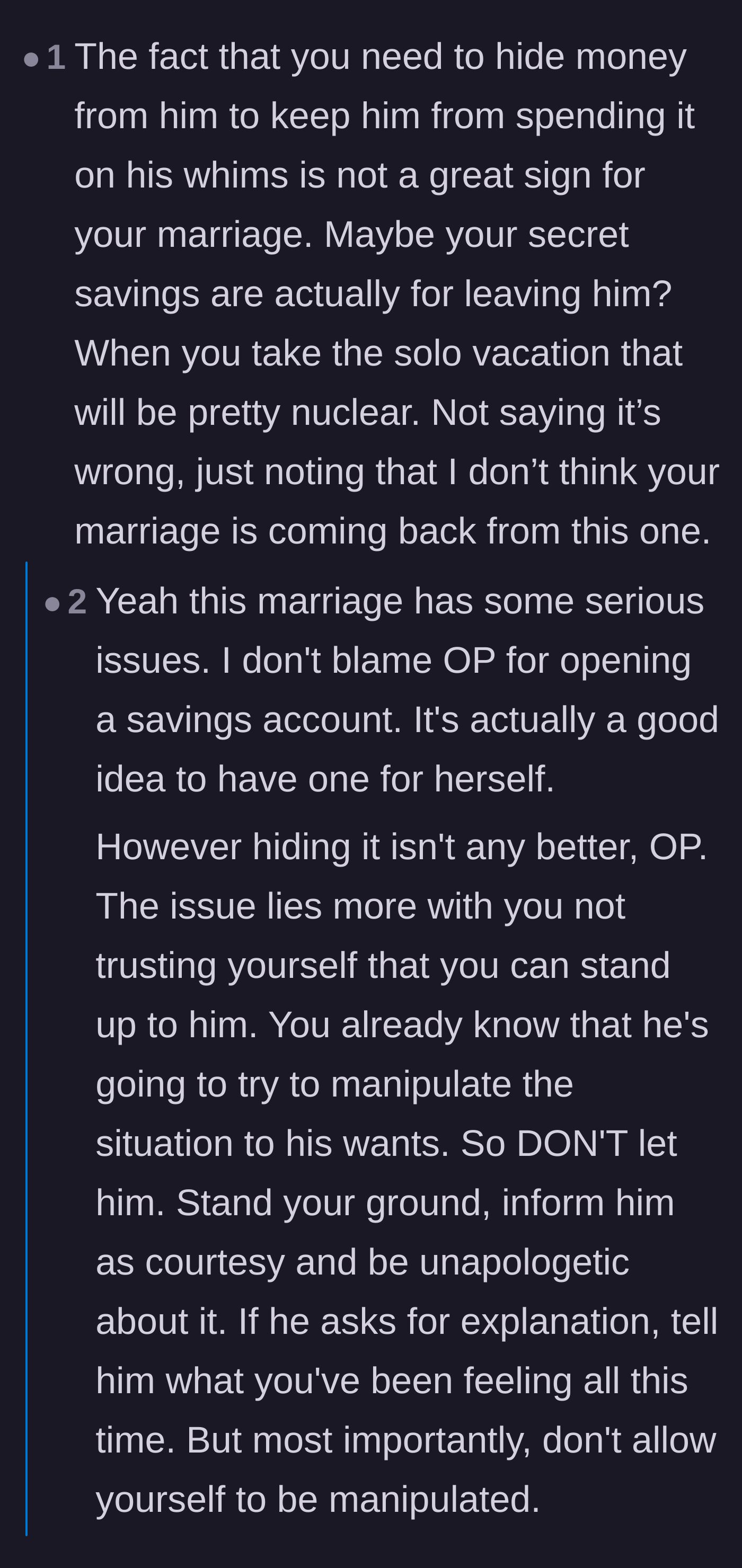 Comment thread 1 - Debate over whether hiding money means the marriage is doomed or if it's a necessary first step to reclaim power.