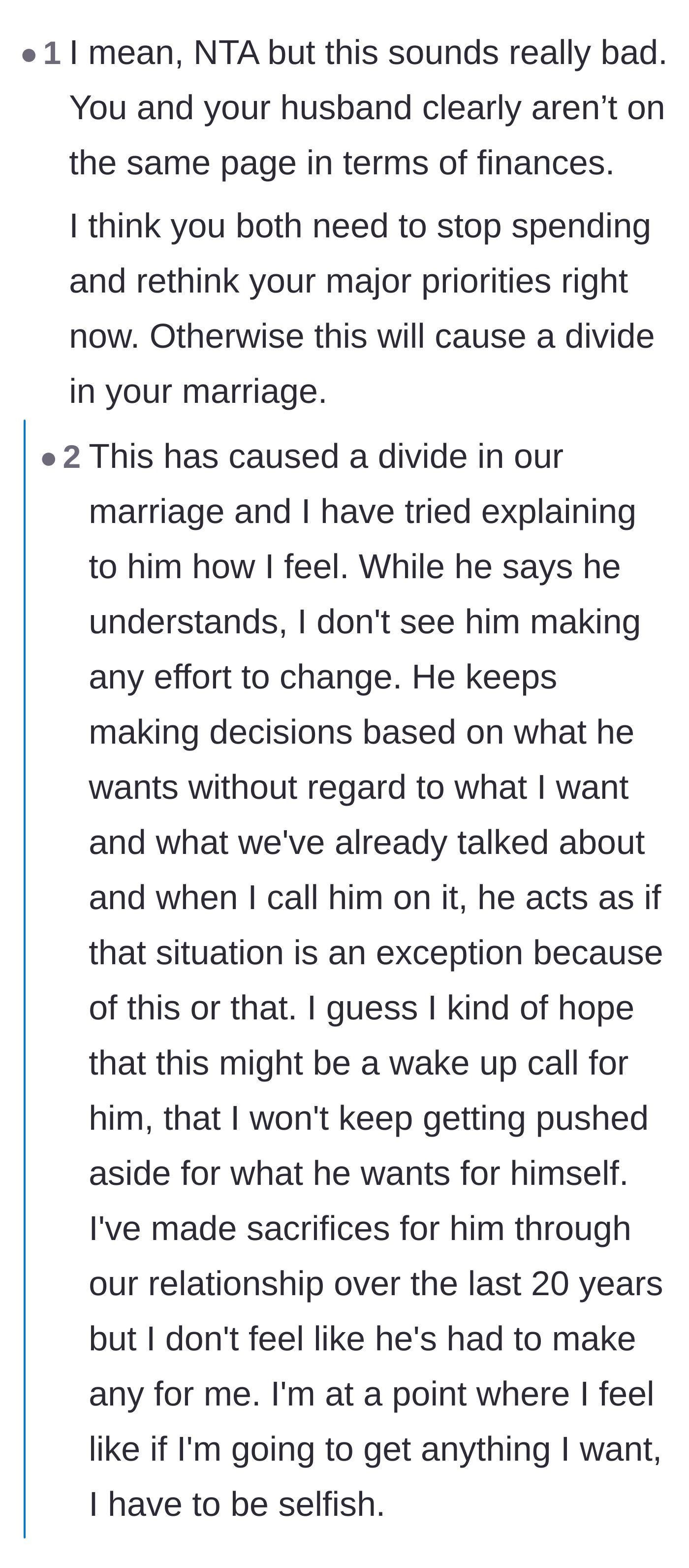 Comment thread 2 - The original poster admits to twenty years of sacrifices, prompting readers to urge her to finally stop yielding to his demands.