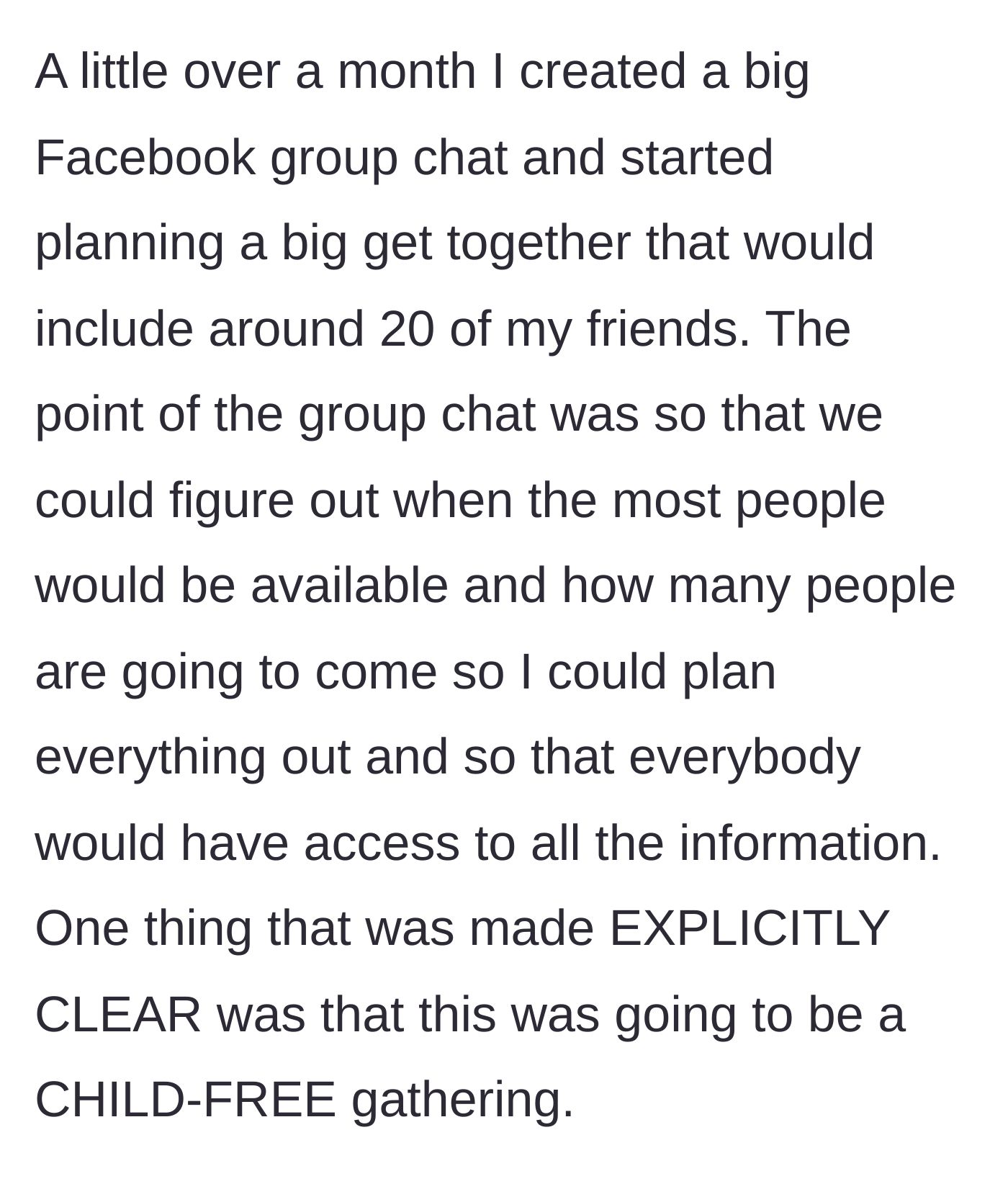 Story part 1 - Host sets up a Facebook group for 20 friends and clearly announces an adults-only party.