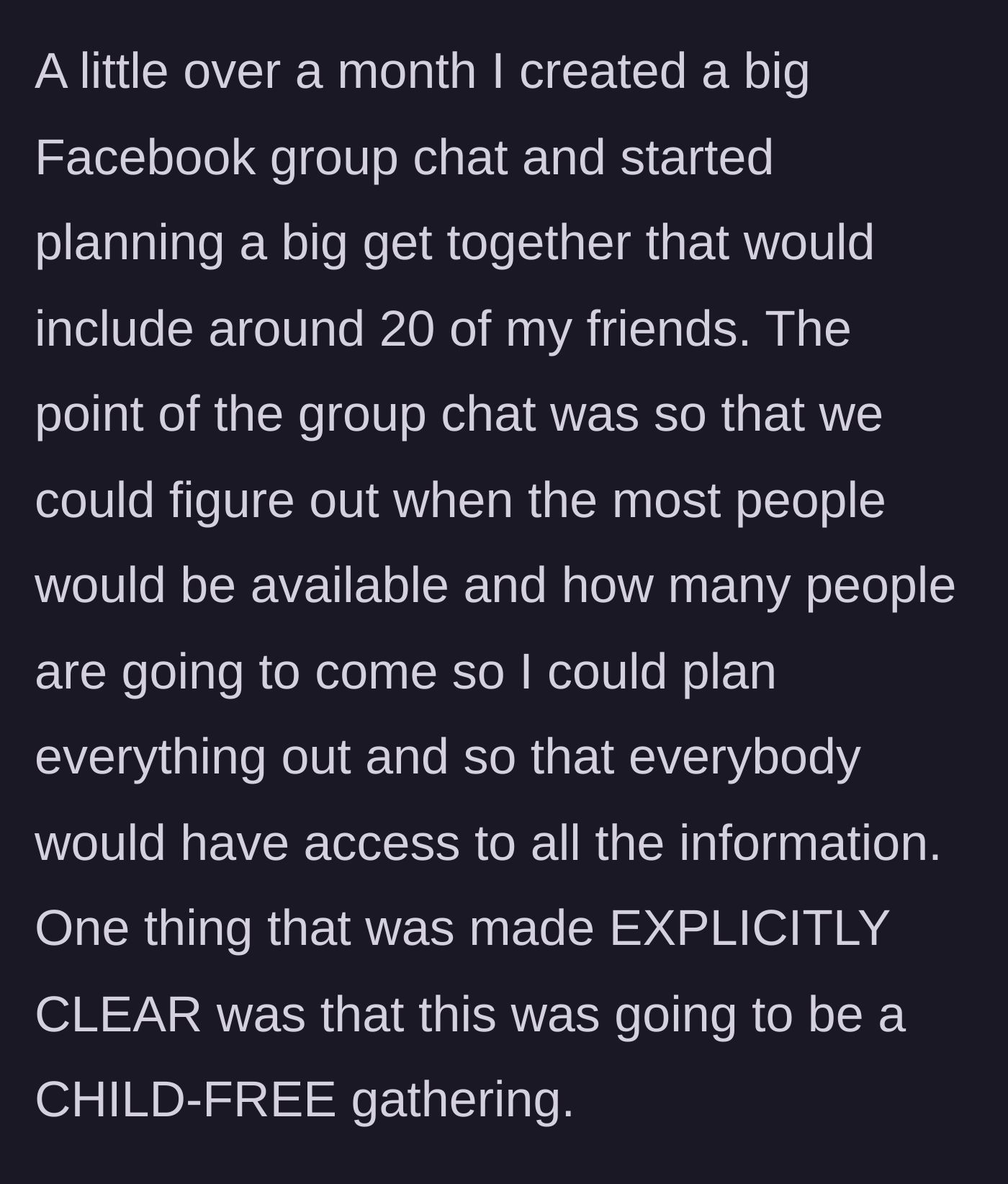 Story part 1 - Host sets up a Facebook group for 20 friends and clearly announces an adults-only party.