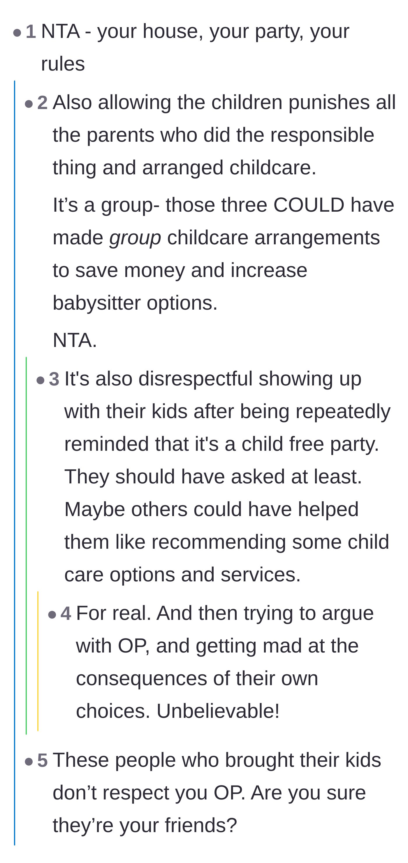 Comment thread 1 - Readers agreeing the host had the right to enforce rules and pointing out how unfair the crashers were to parents who actually hired sitters.