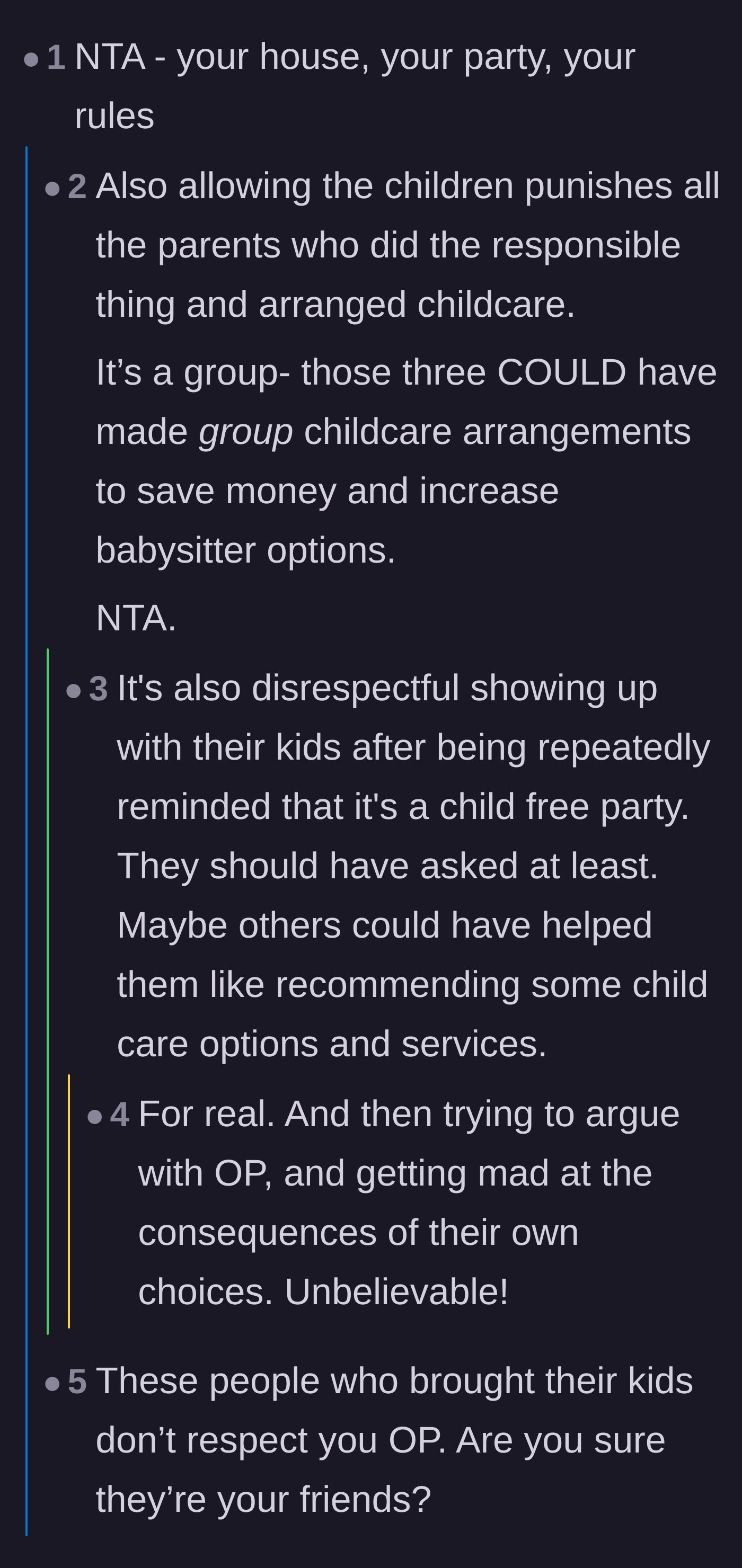 Comment thread 1 - Readers agreeing the host had the right to enforce rules and pointing out how unfair the crashers were to parents who actually hired sitters.